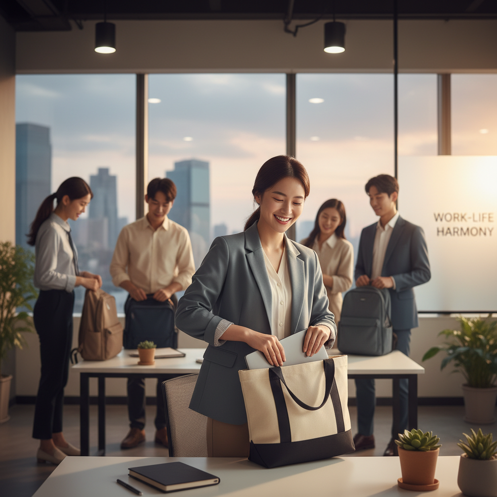 A smart and efficient Korean office worker happily packing up their bag and leaving the office on time, with a bright smile. The office environment is modern and well-lit, showing colleagues also finishing their work. The scene conveys a sense of accomplishment and work-life balance. Style: lifestyle photography, bright, balanced lighting, natural setting, colored background.
