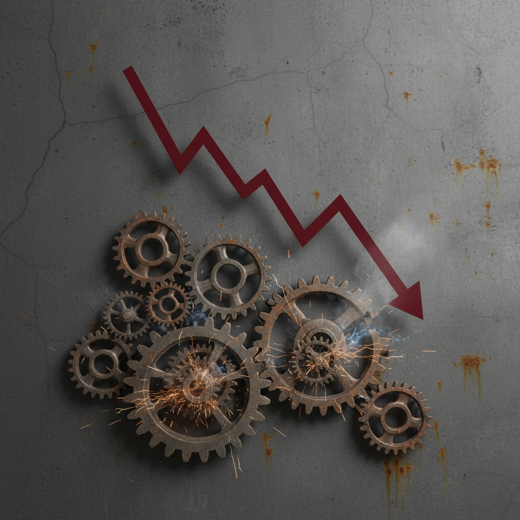 A conceptual image showing a graph with a downward trend and gears struggling, representing the challenges and uncertainties in China's long-term economic growth, clean infographic style, modern layout, high contrast, textured background, no text, aspect_ratio: 4:3