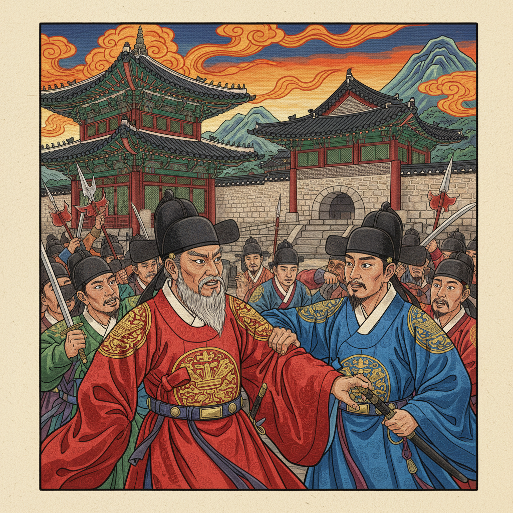 An artistic rendering illustration depicting a tense historical scene of conflict between Heungseon Daewongun and King Gojong of Joseon, with traditional Korean architecture in the background. Textured background, vibrant colors, no text, centered focus.
