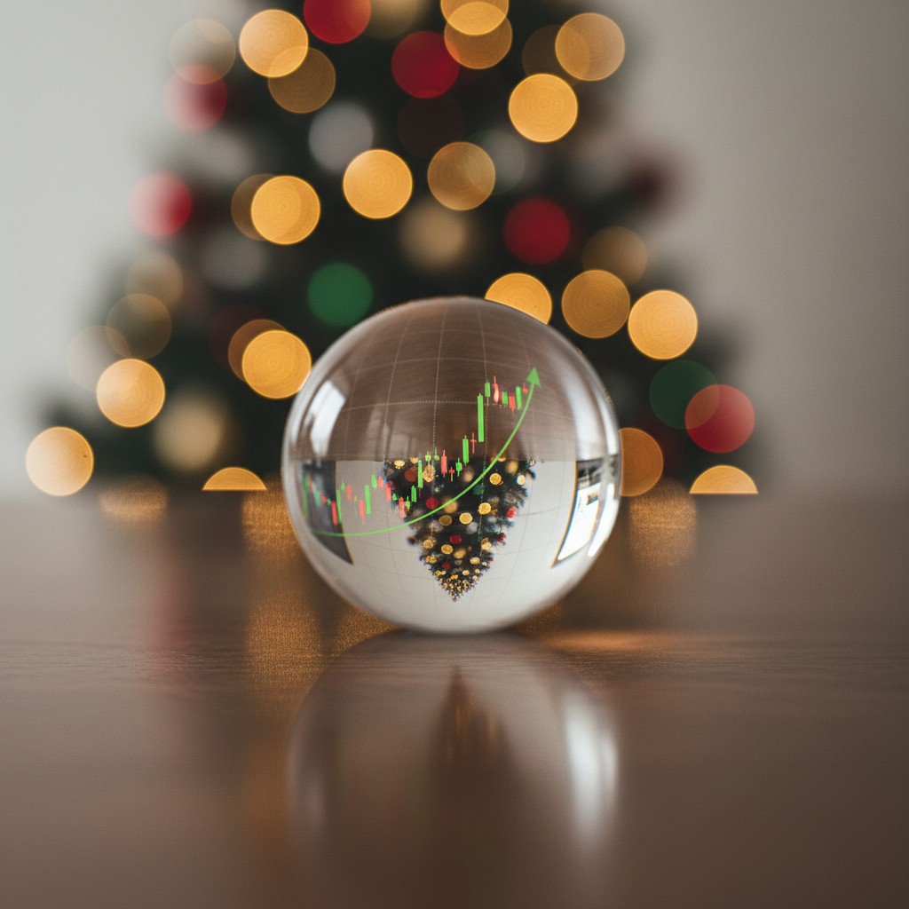 A glass ball on a wooden desk reflecting a rising stock market chart, bokeh background with holiday lights, soft focus, professional photography, no text