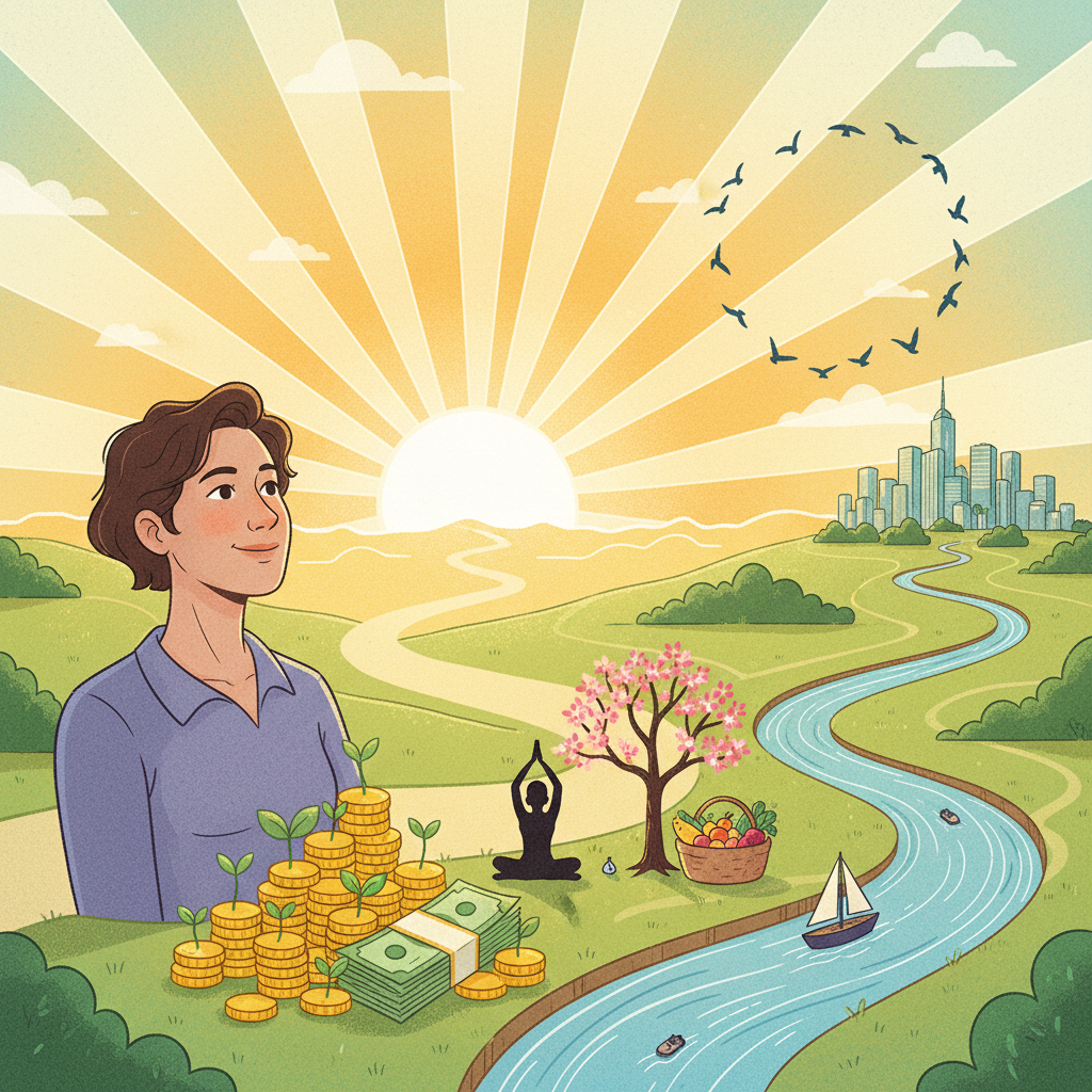 A hopeful and determined illustration of people achieving financial freedom and personal growth through smart choices. Features a person confidently looking at a rising sun (symbolizing a brighter future) with symbolic representations of saved money and a healthy lifestyle in the background. Artistic rendering, textured background, bright and optimistic lighting. No text.