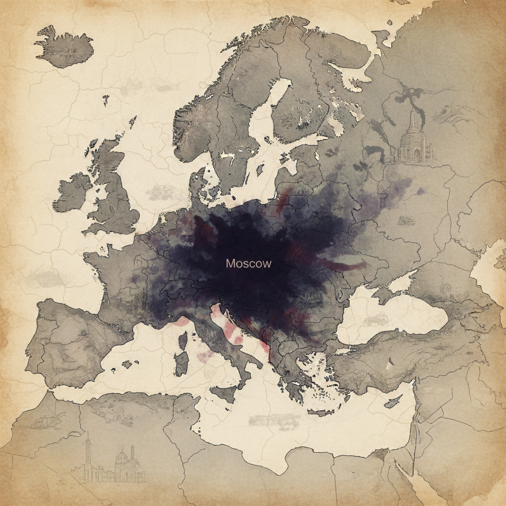 A thought-provoking artistic rendering of a distorted map of Eastern Europe during World War II, with Moscow prominently highlighted and under an ominous shadow. The style is a historical illustration with a textured background, suggesting an alternate timeline. Bright, balanced lighting, no visible text.
