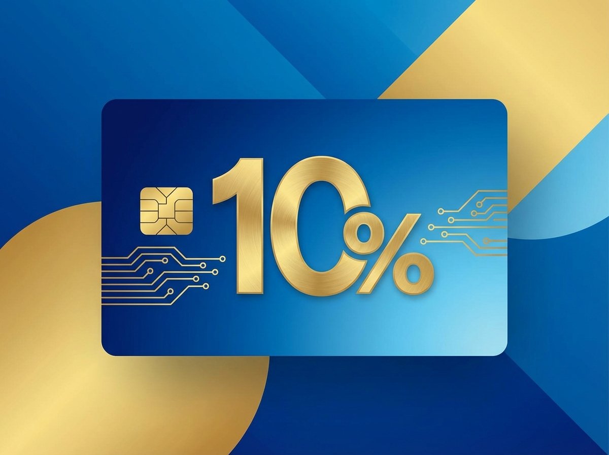 A clean and modern infographic style illustration showing a credit card with a large percentage symbol '10%' on it. Blue and gold color palette, minimalist design, 4:3 aspect ratio, no text.