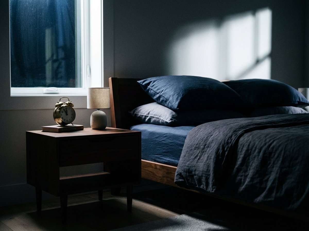 A modern bedside table with an analog alarm clock showing 11:00 PM, a tidy bed with soft linen, calm and dark blue atmosphere, high contrast, realistic photography, 4:3 ratio, no text