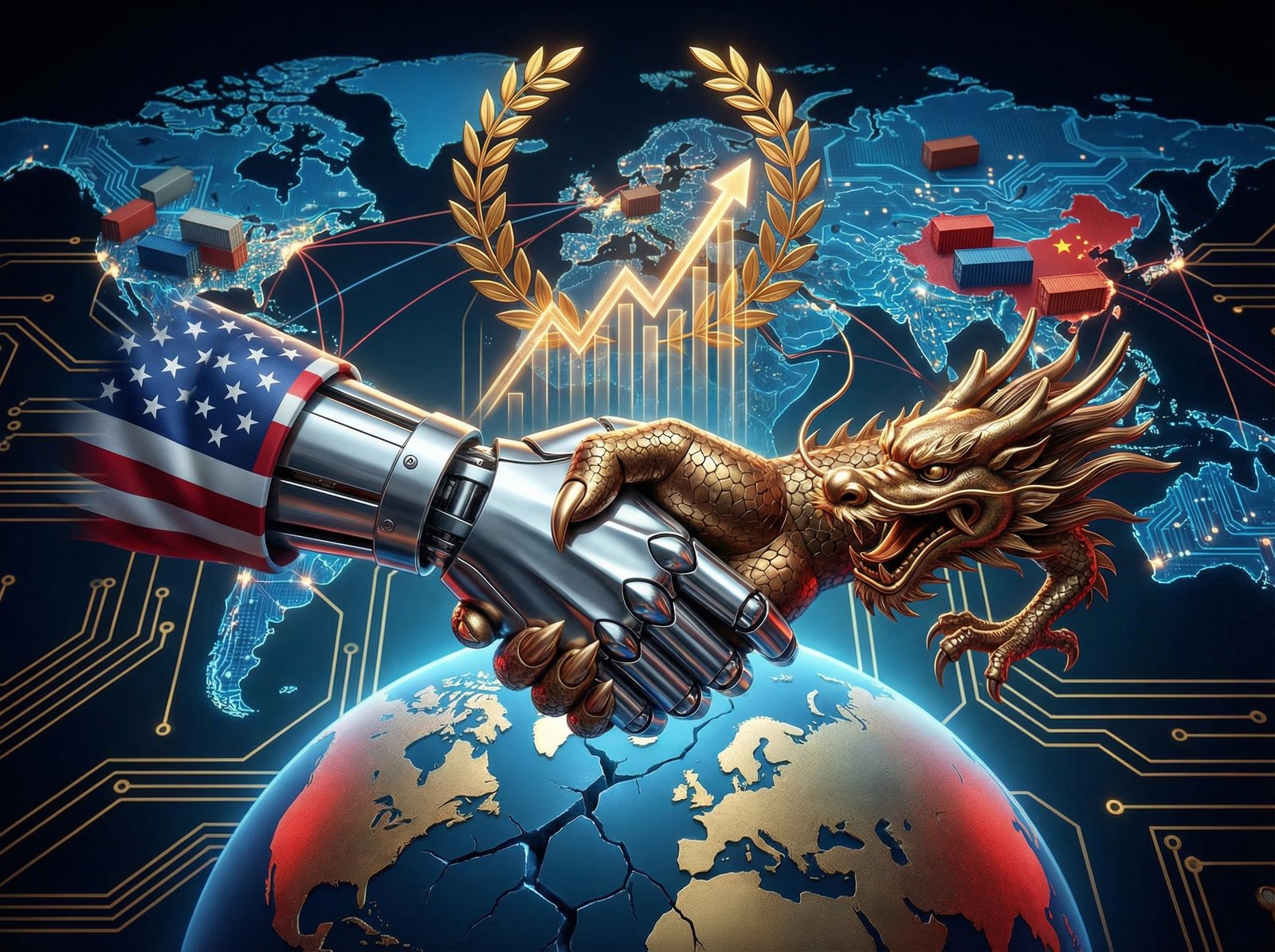 A symbolic image of a victory in a trade war, with elements representing China and the US, a modern layout and high contrast. Aspect ratio 4:3, no visible text.