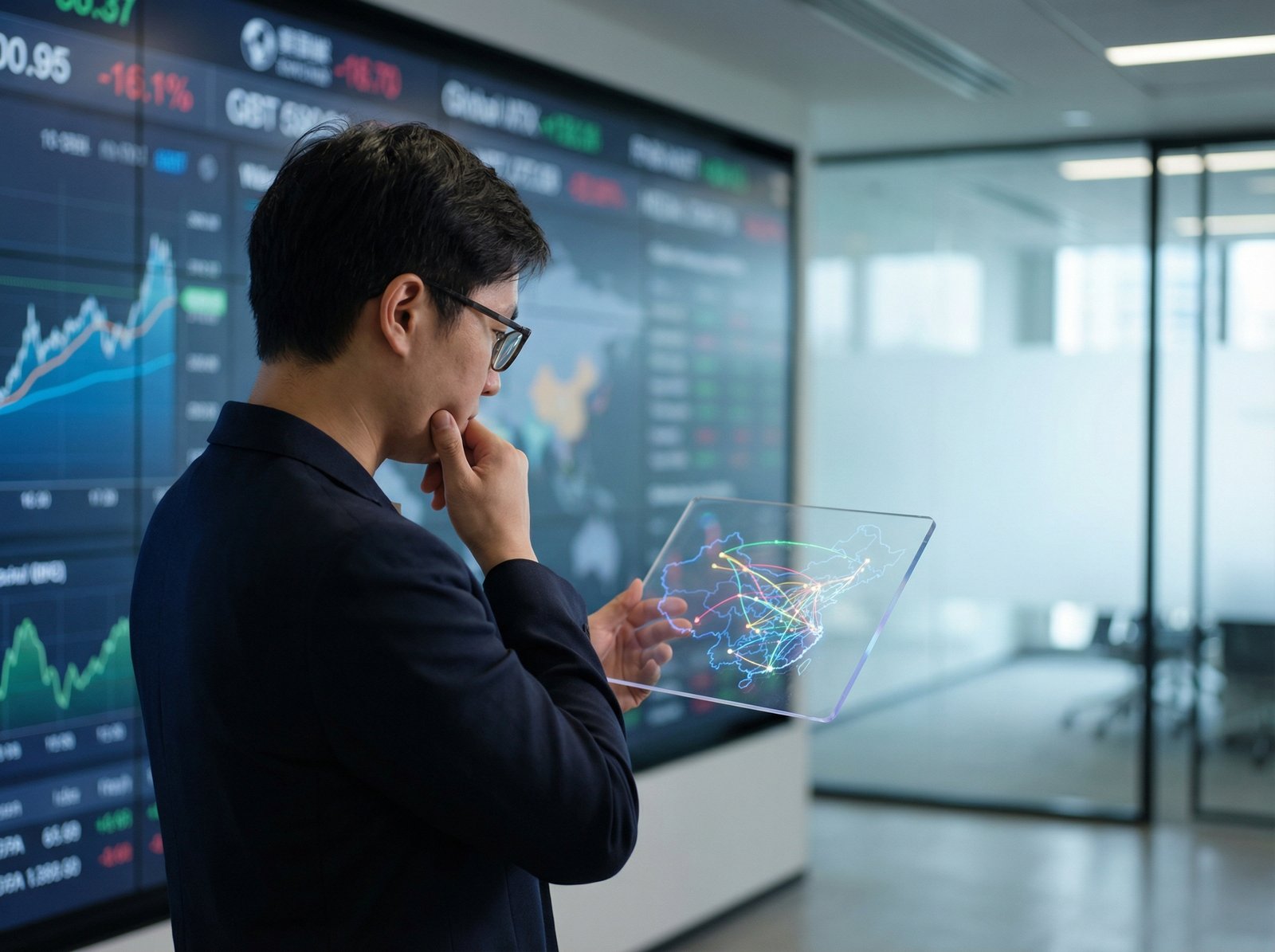 A person, possibly an investor, looking thoughtfully at a digital interface showing abstract economic data or a map of China, with a background representing global markets. Informational style, clean, modern. Aspect ratio 4:3, no visible text.