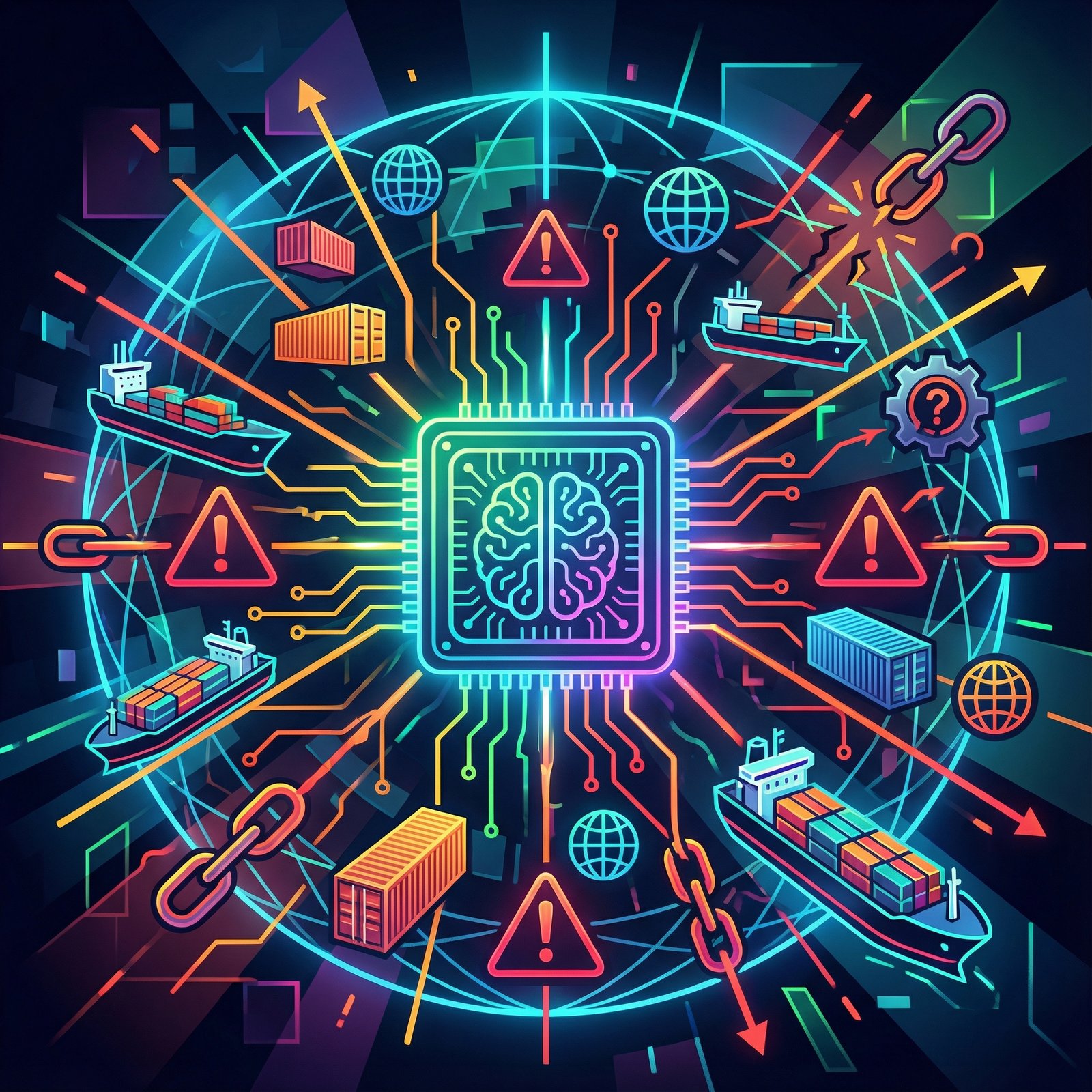 A vibrant, high-contrast infographic illustrating the intersection of advanced technology (AI, semiconductors) and global trade, with warning symbols or a sense of caution. Modern design, no visible text. Aspect ratio 1:1.
