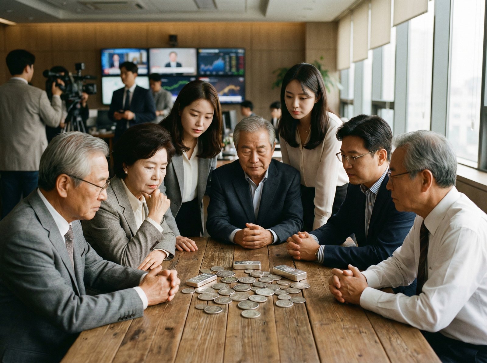 A diverse group of people, Korean appearance, looking thoughtfully at a collection of silver coins and bars on a table, soft focus background of a financial newsroom, lifestyle photography, warm lighting, natural setting, no visible text, 4:3 aspect ratio.