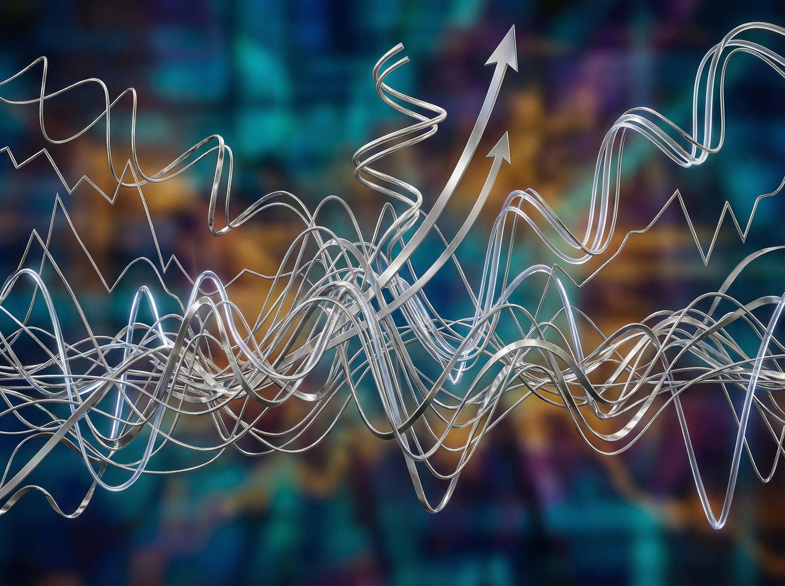 An abstract representation of market trends with silver-colored lines and graphs, showing volatility and potential for future growth, detailed composition, colored background, centered focus, visually rich, no visible text, 4:3 aspect ratio.