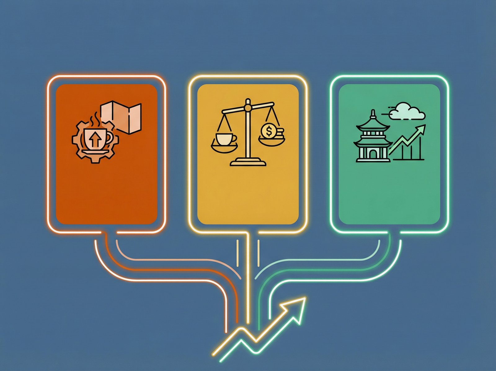 A clean infographic showing three key areas for Starbucks stock recovery in 2026: "U.S. Business Fix", "Value Proposition", "China Stability". Use modern layout, high contrast, and a colored background. No visible text. Aspect ratio 4:3.