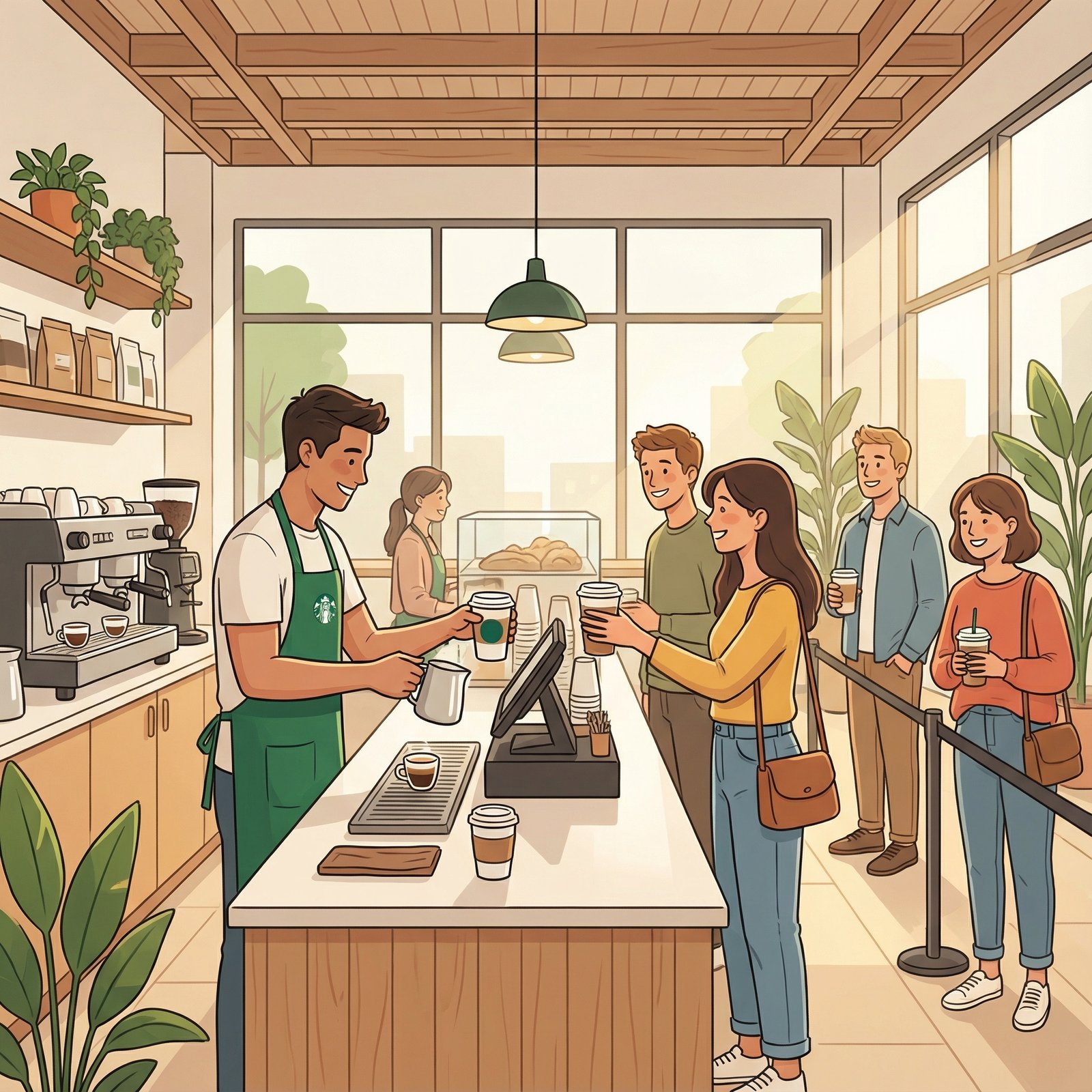 A modern illustration of a Starbucks barista efficiently preparing drinks with happy customers receiving their orders quickly. The setting shows a clean and simplified store environment. Use warm lighting and a natural setting. No visible text. Aspect ratio 1:1.