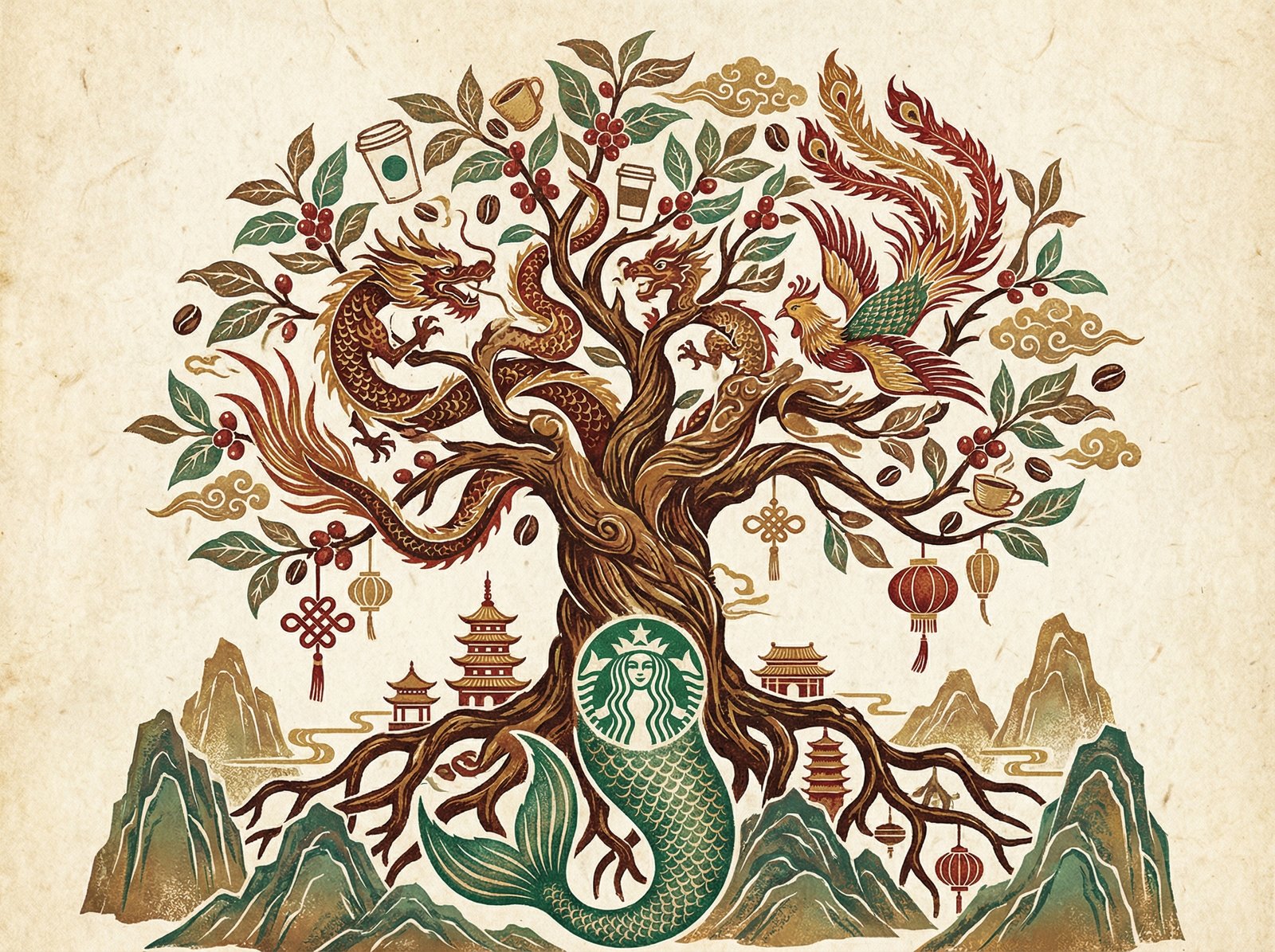A dynamic illustration showing a blend of Starbucks' brand identity with traditional Chinese elements, symbolizing a successful joint venture. Focus on growth and stability. Use artistic rendering with textured background. No visible text. Aspect ratio 4:3.