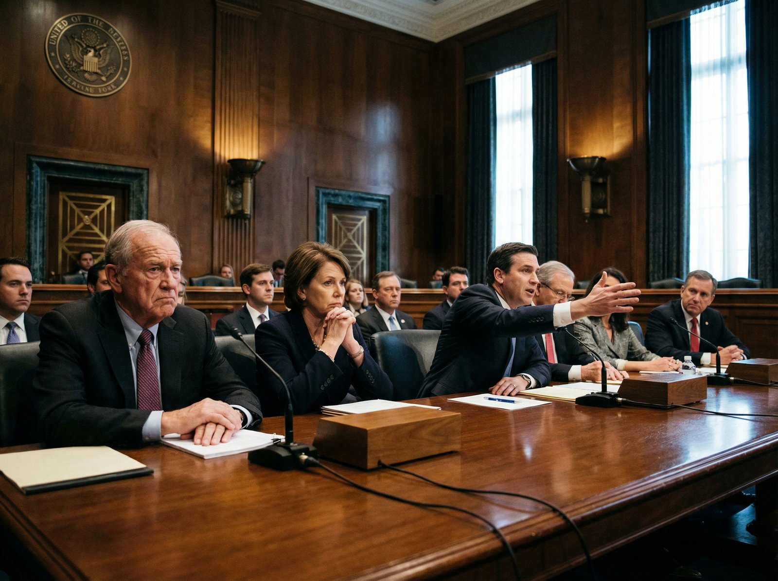 A serious political discussion with several politicians, some looking concerned, others gesturing. The setting is a government hearing room. Aspect ratio 4:3, no visible text.