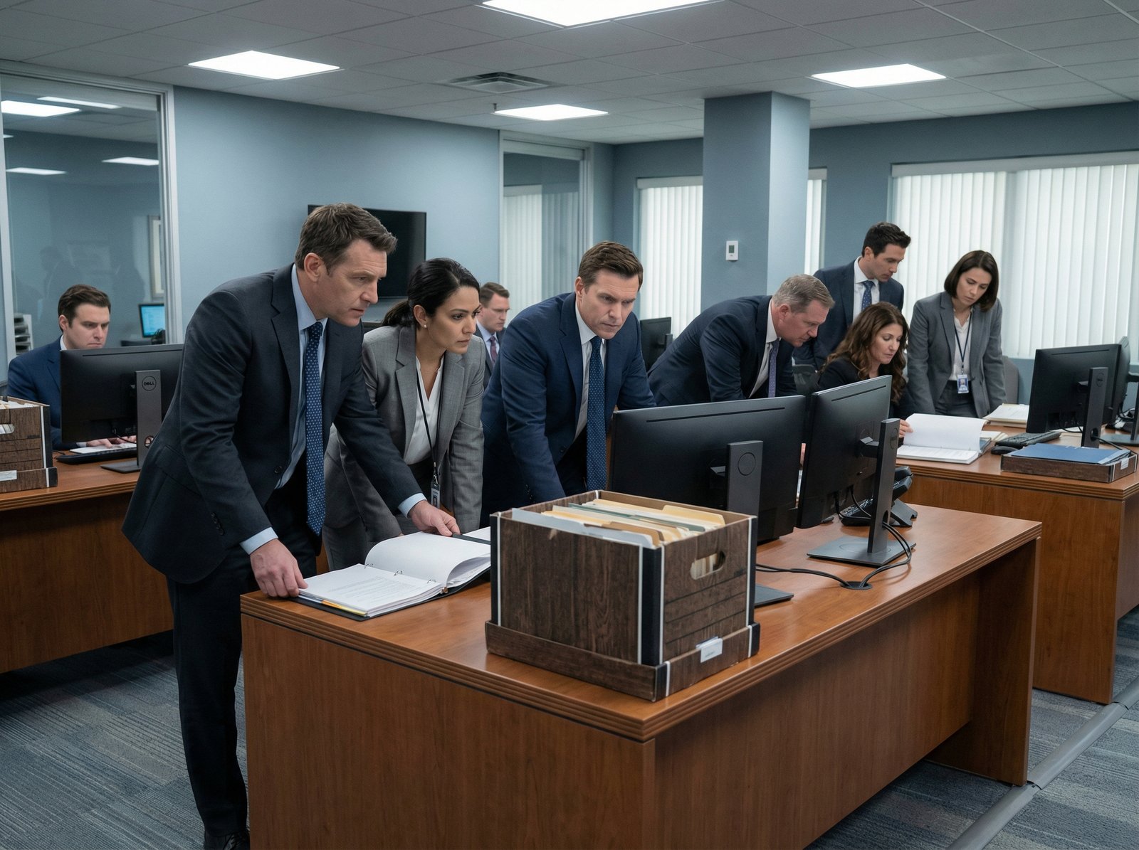 Investigators in a government office, reviewing documents and computer screens, looking focused and serious. The environment is professional and clean. Aspect ratio 4:3, no visible text.