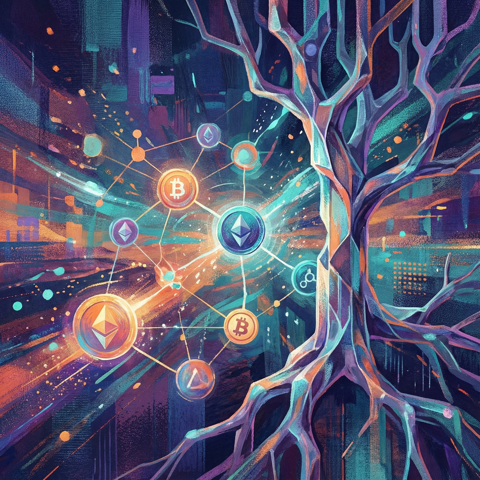 An illustration of a network of interconnected digital tokens flowing through a blockchain-like structure, representing expansion and innovation. Modern, artistic rendering with textured background and no visible text. aspect ratio 1:1