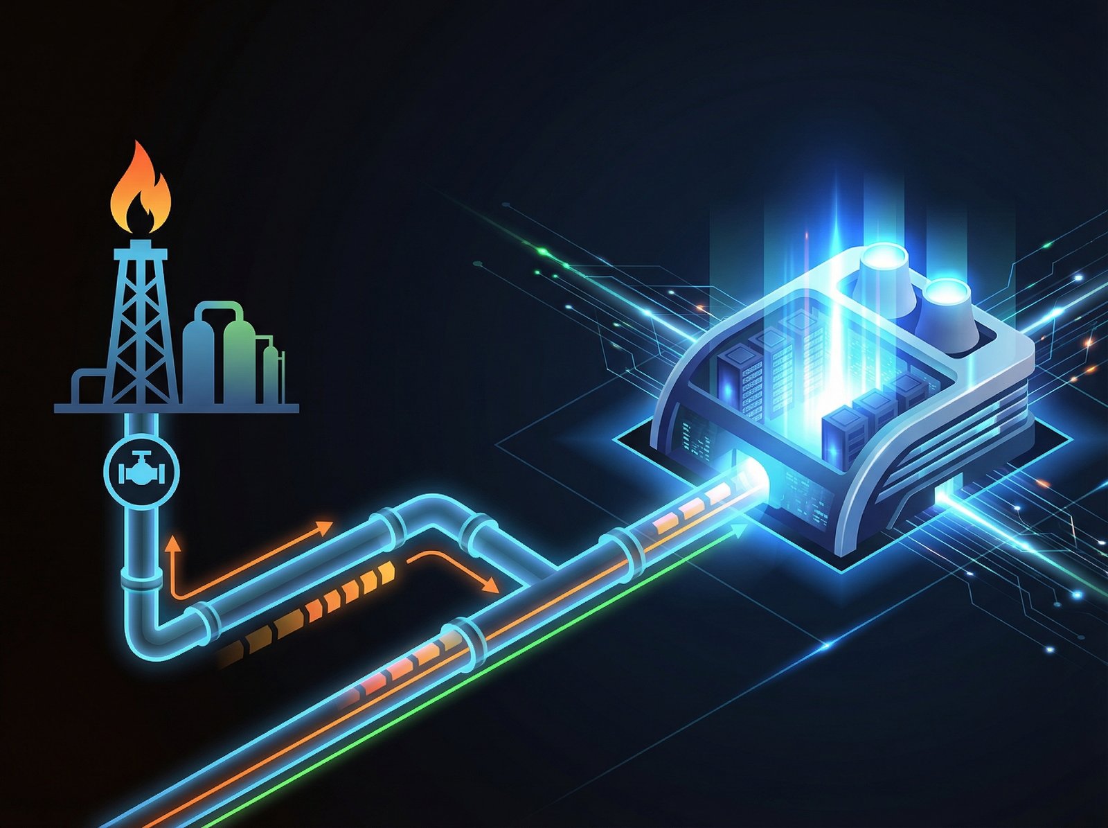 A clean infographic illustrating a natural gas pipeline leading to a modern, glowing data center, highlighting energy supply for technology. High contrast, modern layout. Aspect ratio 4:3, no visible text, no Korean text.
