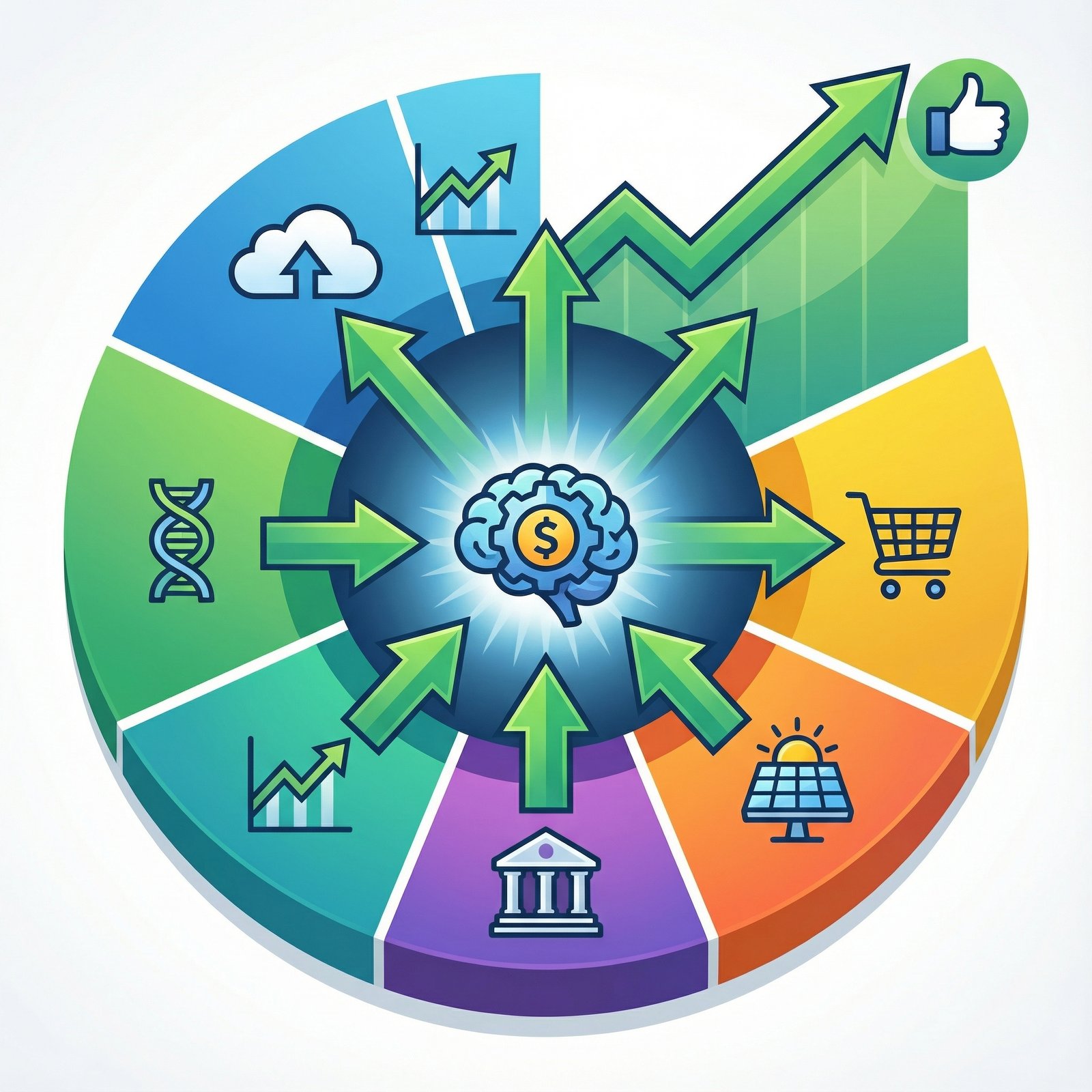 An informational infographic showing a diversified investment portfolio with various stock symbols and upward arrows, representing successful growth and smart investing. Aspect ratio 1:1, no visible text, no Korean text.