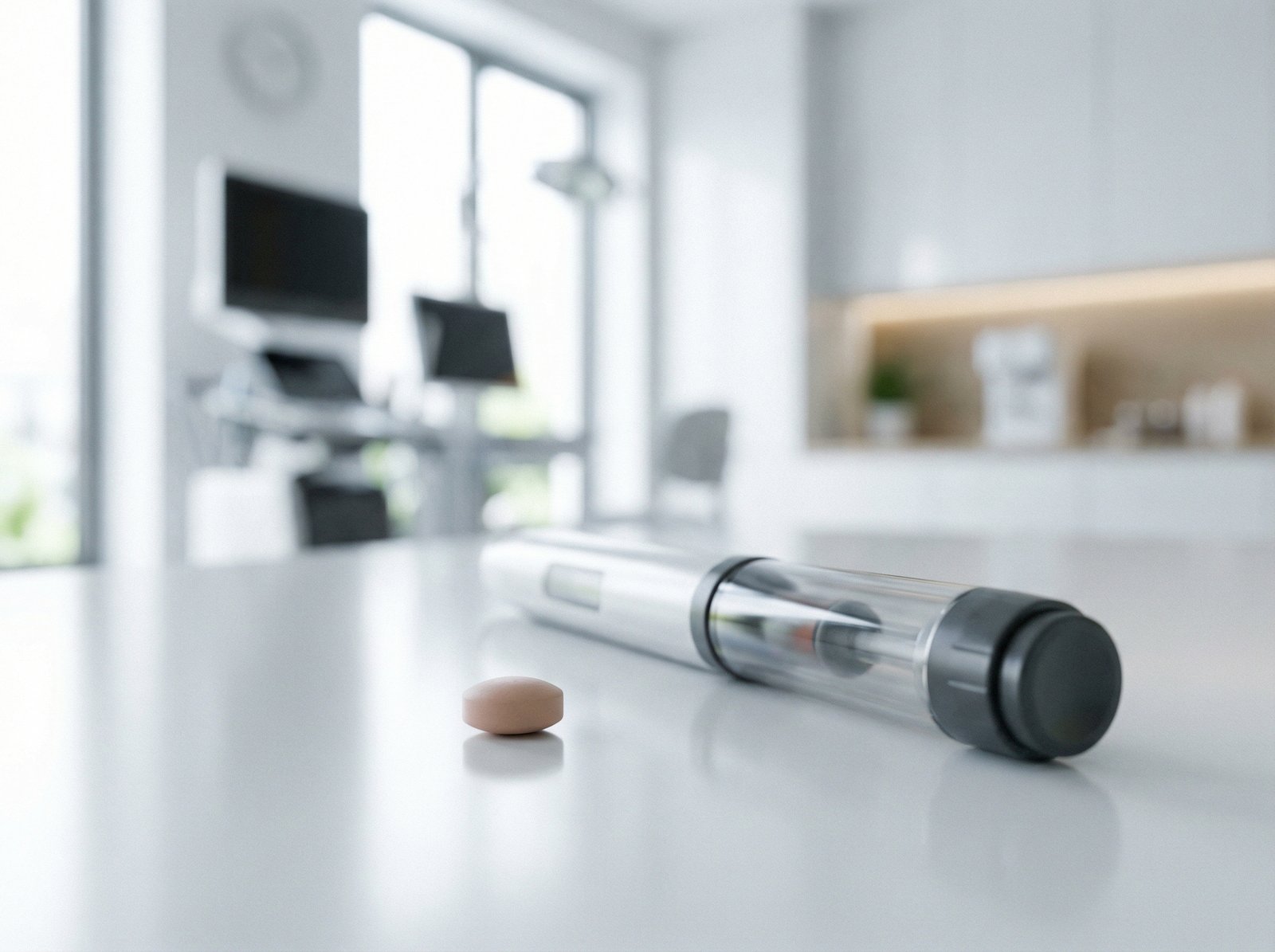 A conceptual image showing a pill next to an injection pen, representing the transition from injectable to oral medication for weight loss. The background is a clean, modern medical setting. no visible text, aspect ratio 4:3