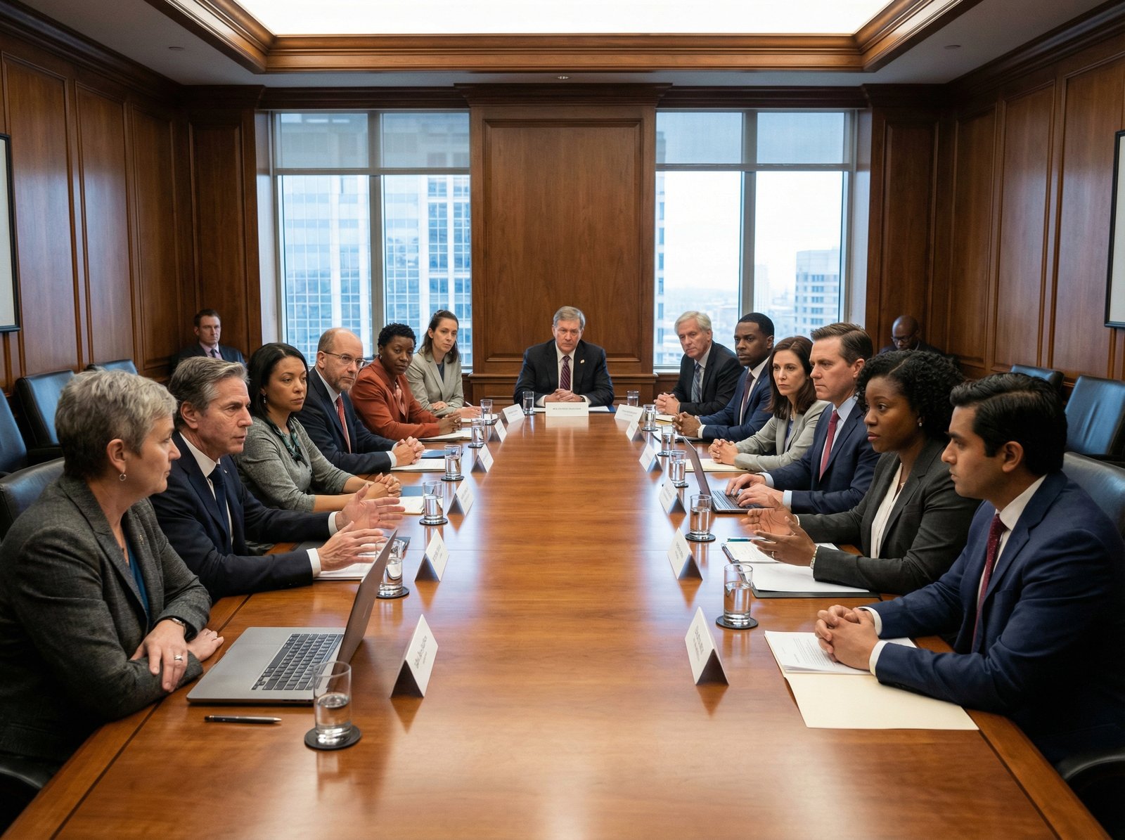 A diverse group of people around a negotiation table, representing pharmaceutical companies, government officials, and consumers discussing drug prices. The setting is formal, with a focus on fair pricing and access. no visible text, aspect ratio 4:3