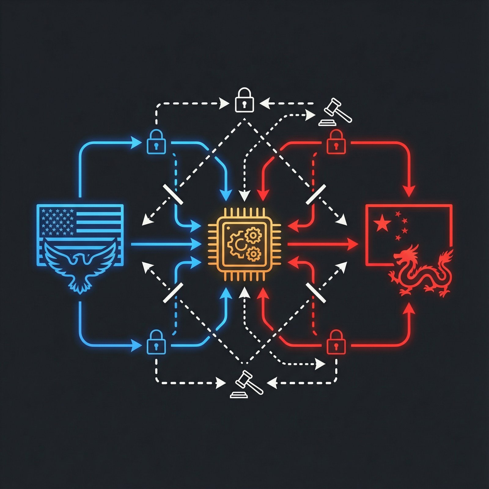 A clean infographic illustrating the complex relationship between the US and China in the semiconductor industry, with arrows showing trade flows and regulations. Use a modern layout with high contrast. No visible text. Aspect ratio 1:1.