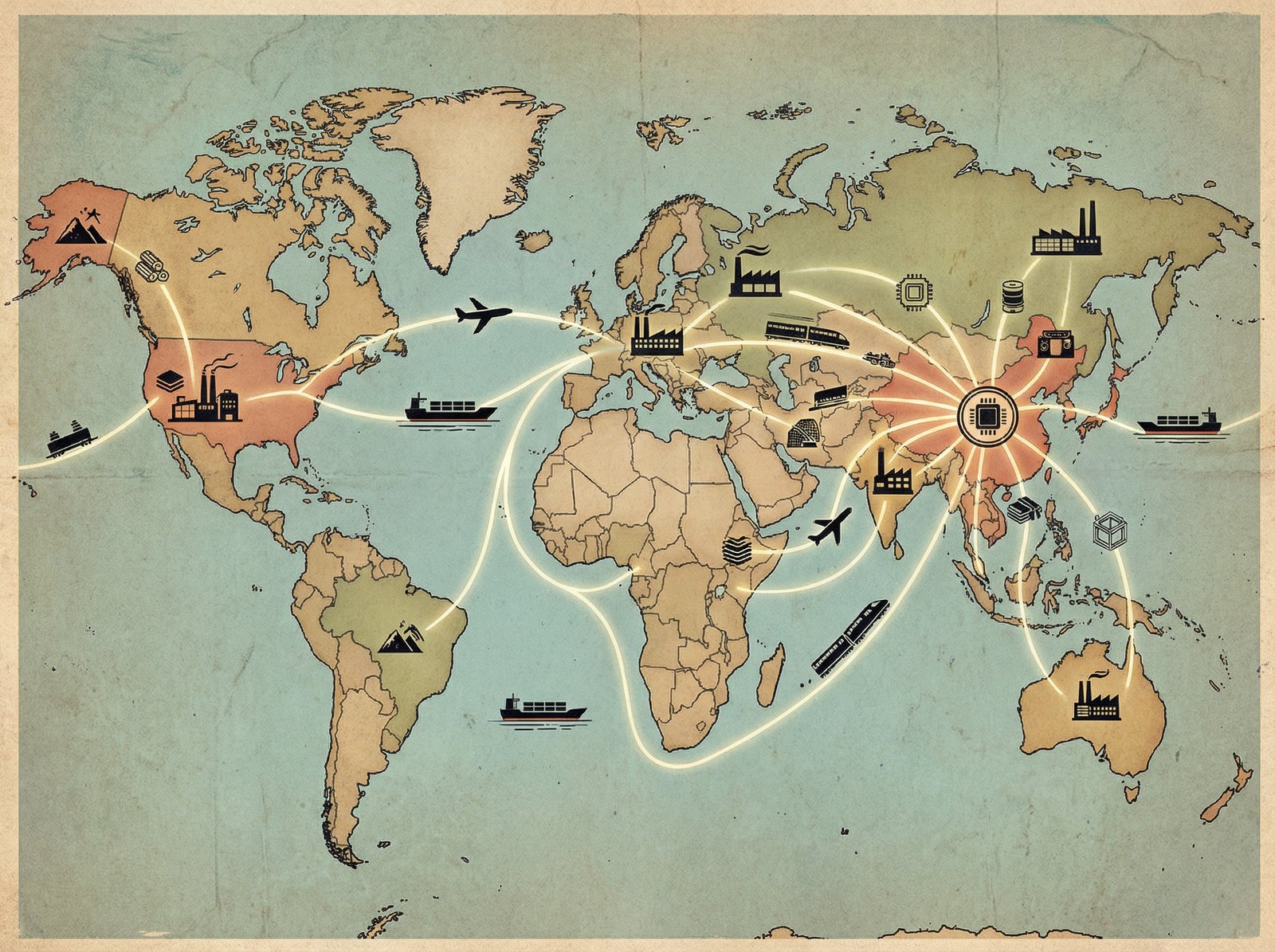 An illustration of a global supply chain network for semiconductor manufacturing equipment, showing connections between different countries and factories. The background should be colored or textured. No visible text. Aspect ratio 4:3.