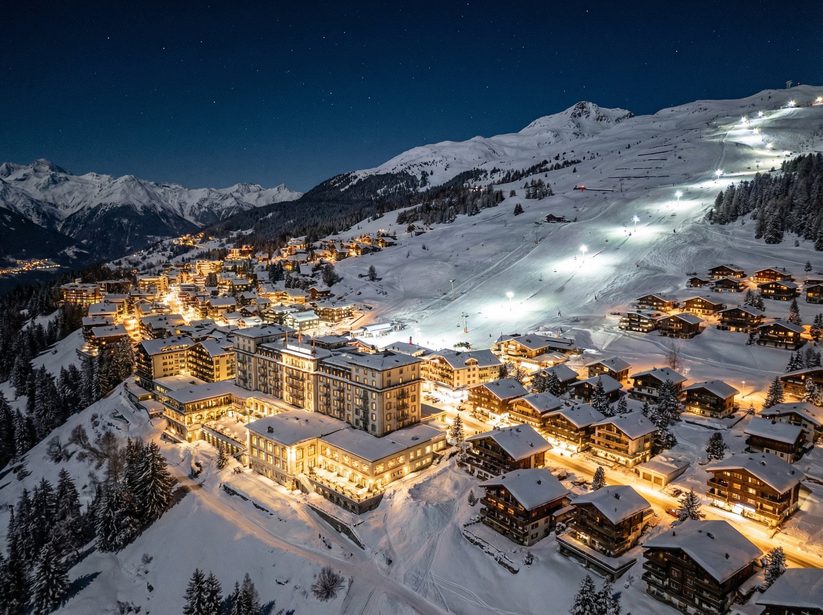 An aerial view of the luxurious Crans-Montana ski resort in Switzerland at night, showing brightly lit buildings and snowy mountains, 4:3 aspect ratio, no visible text, informational style.