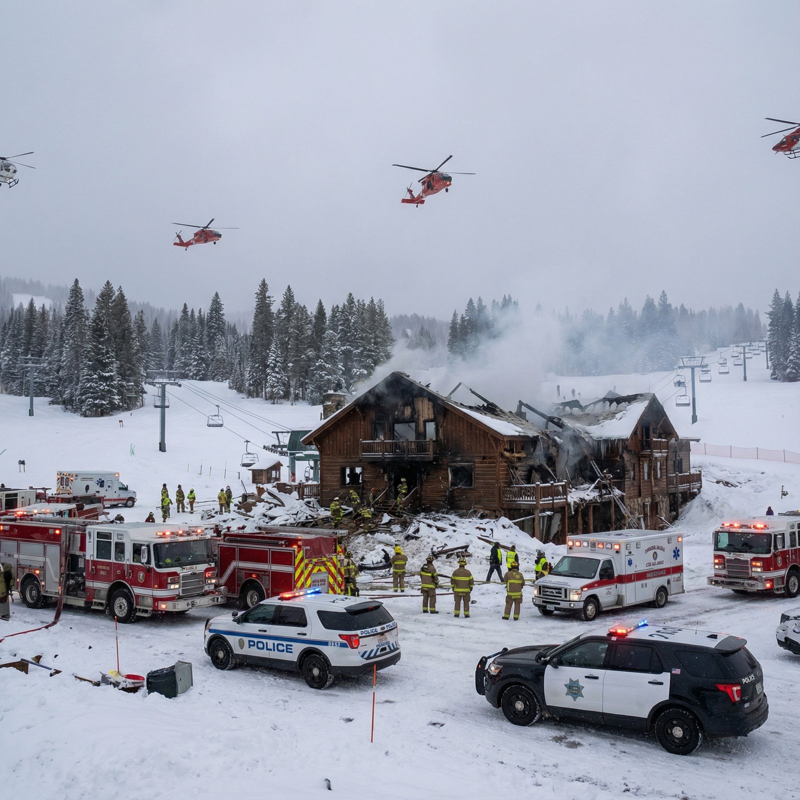 Emergency responders and police vehicles around a damaged building in a snowy ski resort, with helicopters in the sky, capturing the immediate aftermath of an explosion, 1:1 aspect ratio, no visible text, informational style.