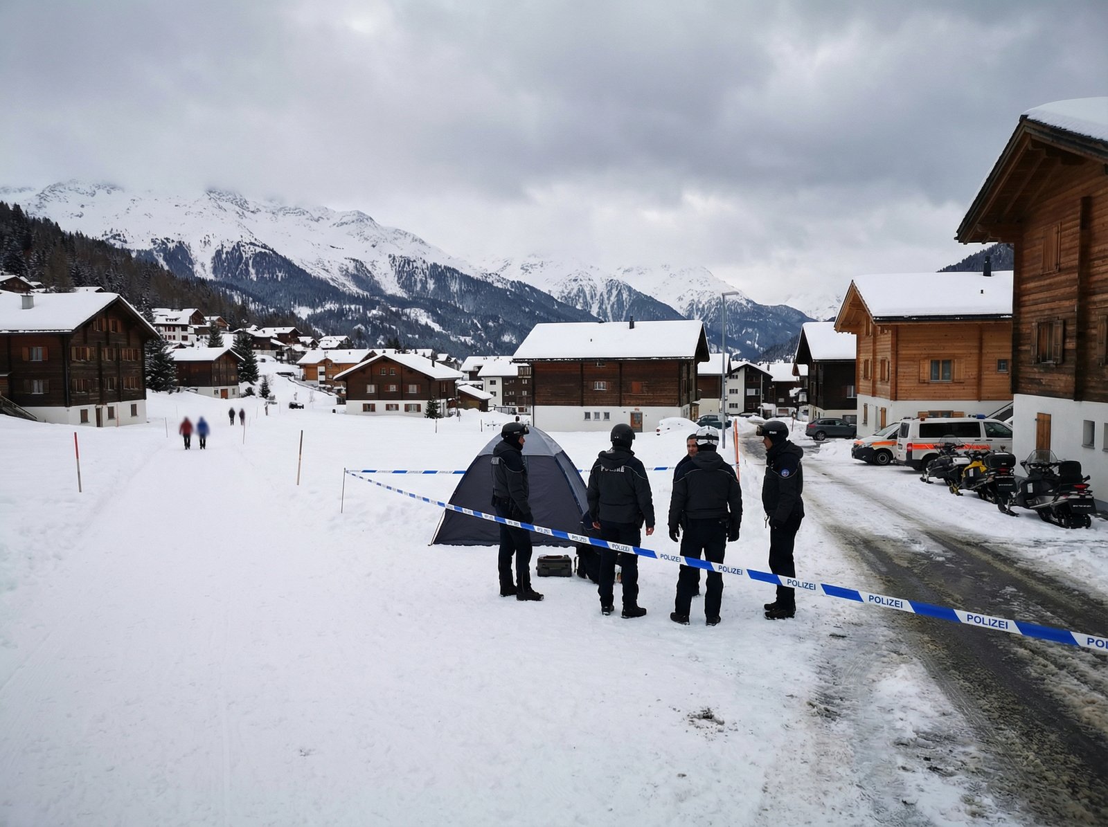 A somber scene in a Swiss ski resort, with an investigation team working near a cordoned-off area, reflecting the aftermath of a tragic incident, 4:3 aspect ratio, no visible text, informational style.