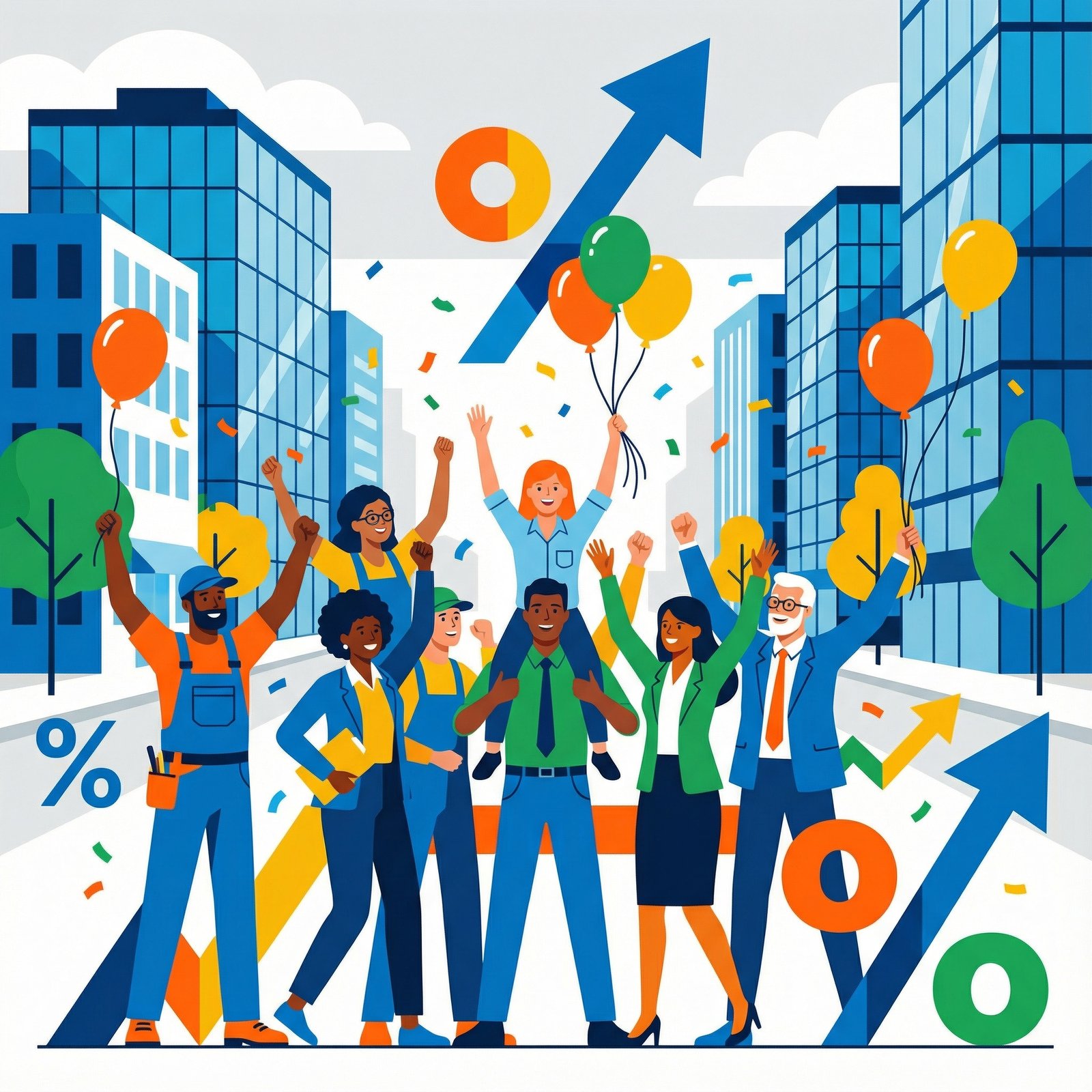 Happy diverse group of workers celebrating a minimum wage increase, showing a modern office setting or bustling city street, clean infographic style, high contrast, 1:1 aspect ratio, no visible text, no Korean text