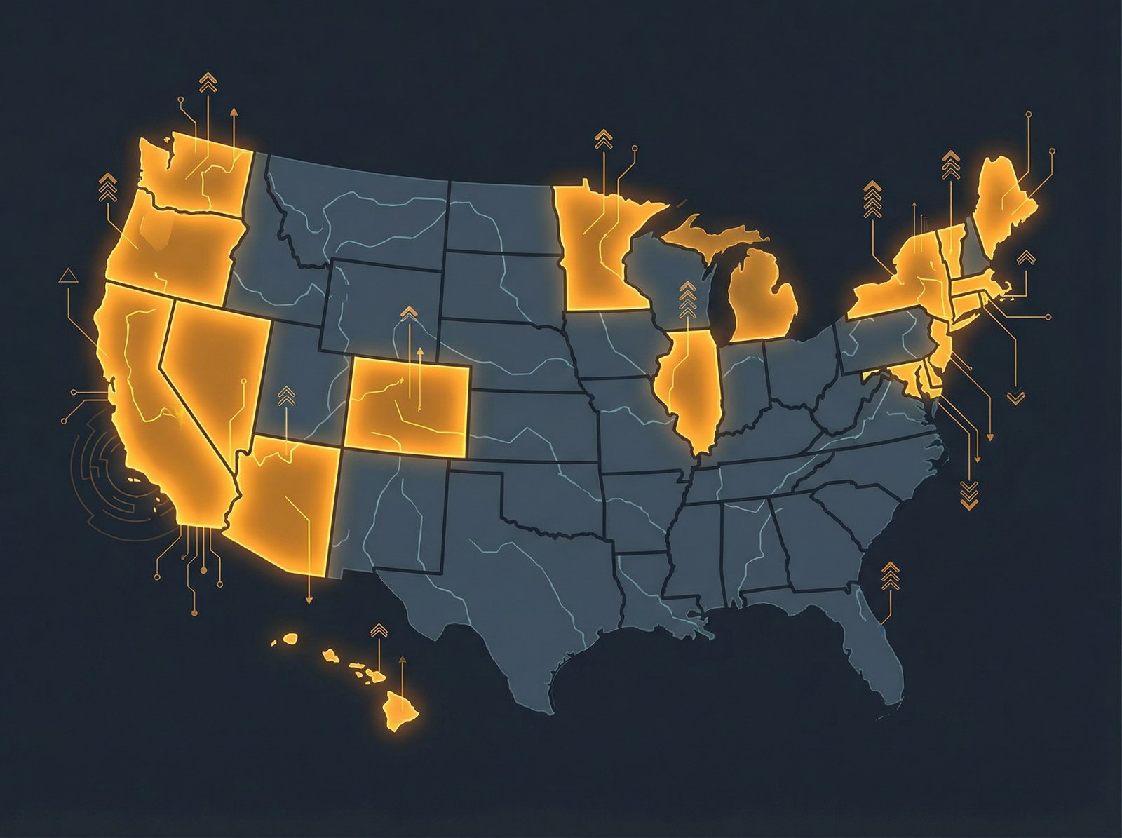 An infographic map of the United States highlighting the 19 states with minimum wage increases in 2026, with a modern layout, high contrast, 4:3 aspect ratio, no visible text, no Korean text