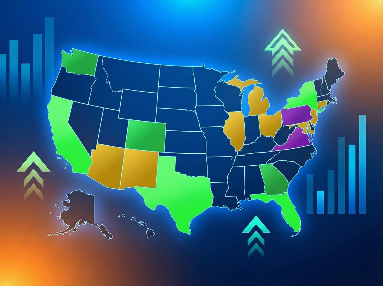 News graphic showing various US states with their new minimum wage rates, focusing on the changes, clean infographic style, high contrast, 4:3 aspect ratio, no visible text, no Korean text