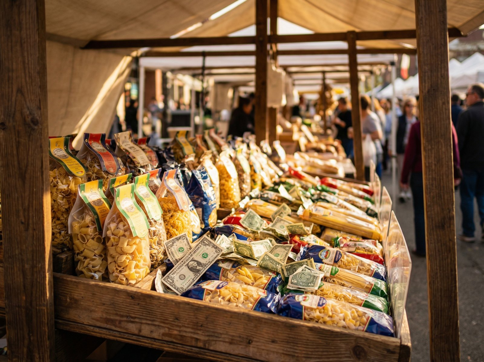 Italian pasta packages on a market stall with US dollar bills scattered around, representing trade and tariffs. Informational style, warm lighting, natural setting, aspect ratio 4:3, no visible text.