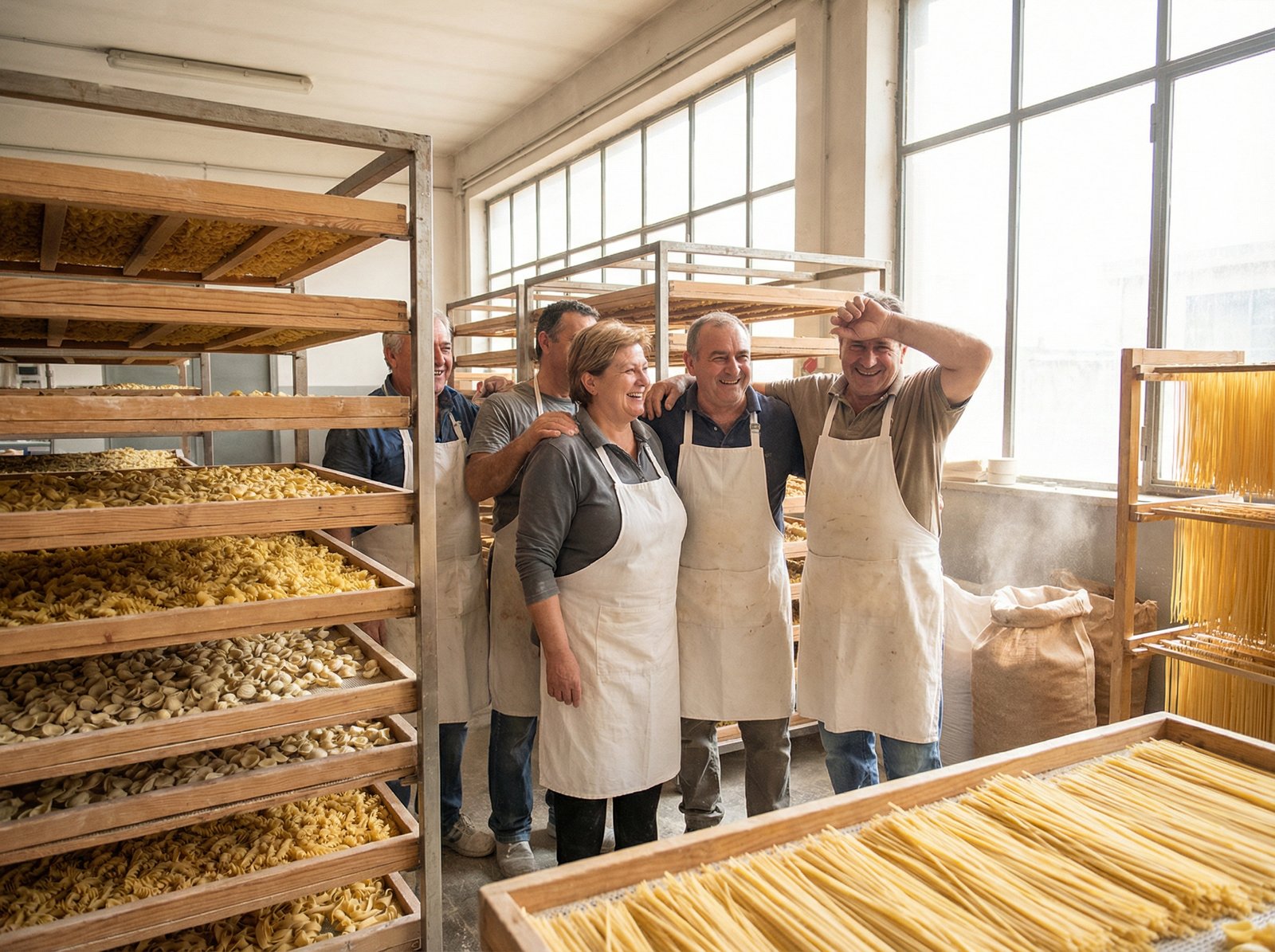 Italian pasta producers in a factory looking relieved and happy, surrounded by pasta products. Lifestyle photography, natural lighting, aspect ratio 4:3, no visible text, no white background.