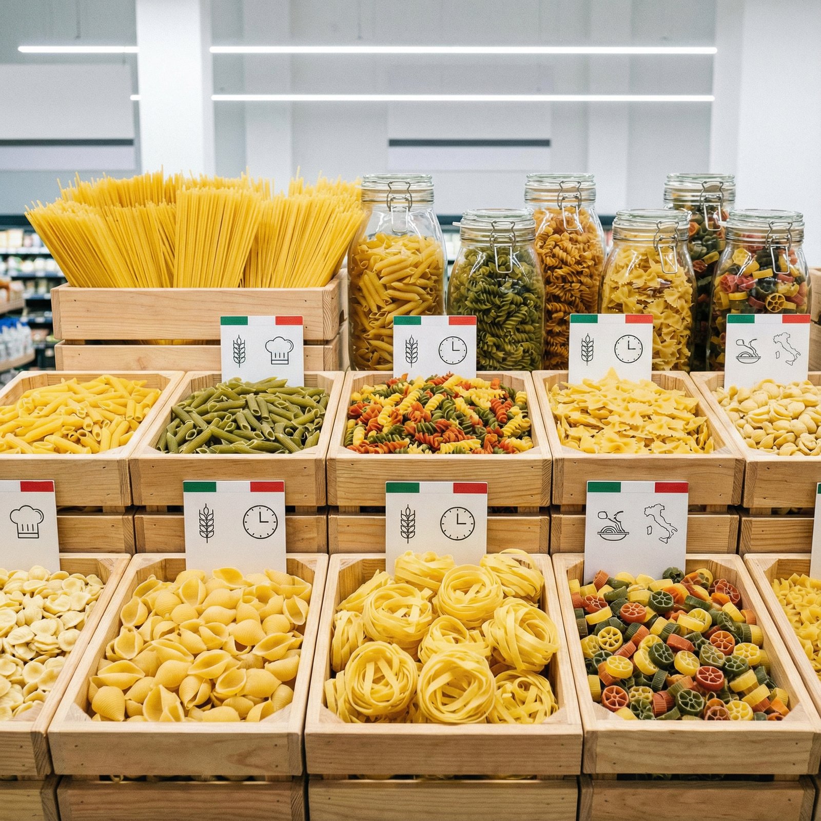 A colorful display of various types of Italian pasta, like spaghetti, penne, fusilli, in a supermarket. Informational style, clean background, high contrast, aspect ratio 1:1, no visible text.
