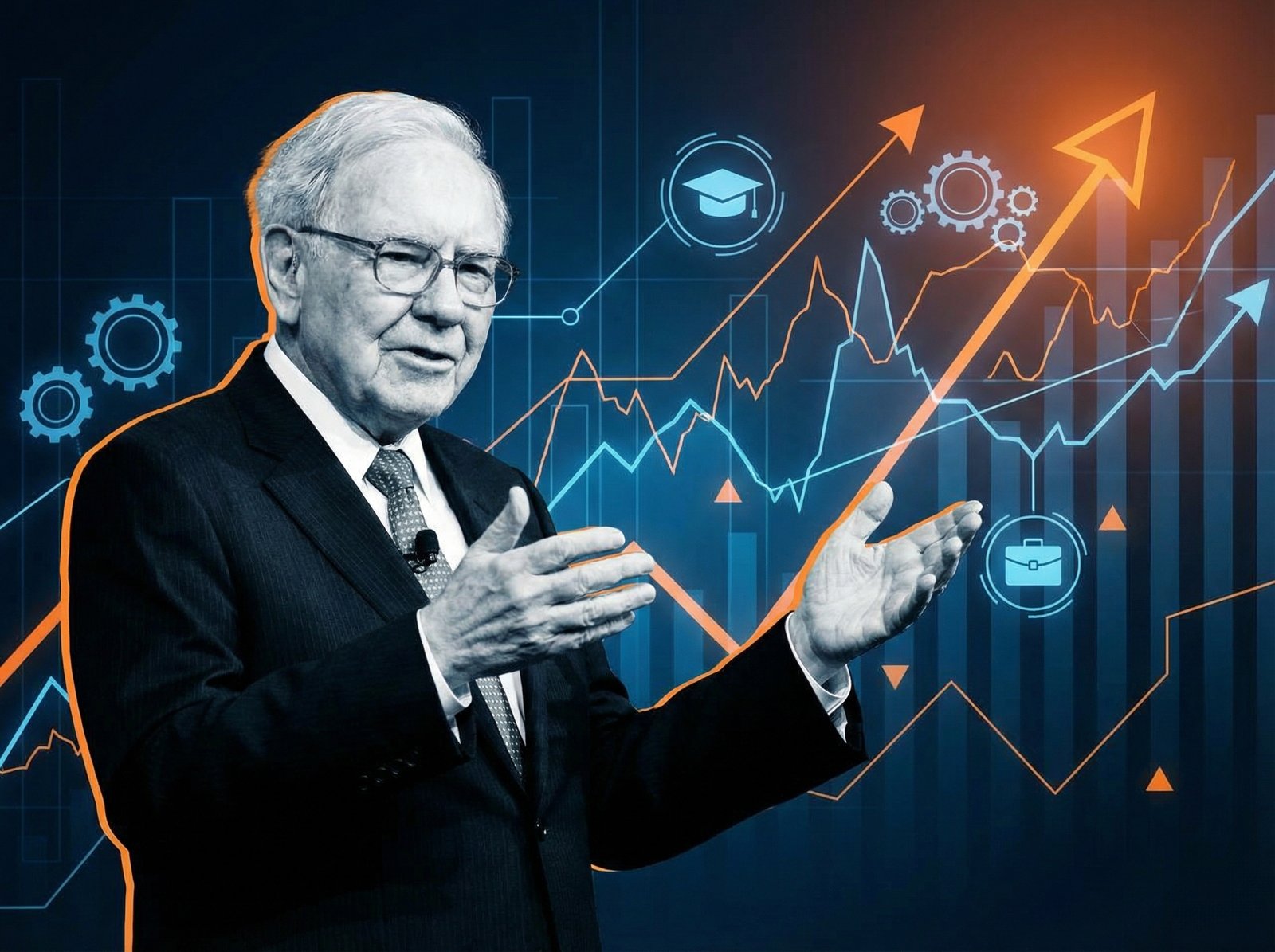 Warren Buffett giving advice, with a background of business graphs and positive career elements. Informational style, clean infographic, modern layout, high contrast. No visible text. Aspect ratio 4:3.