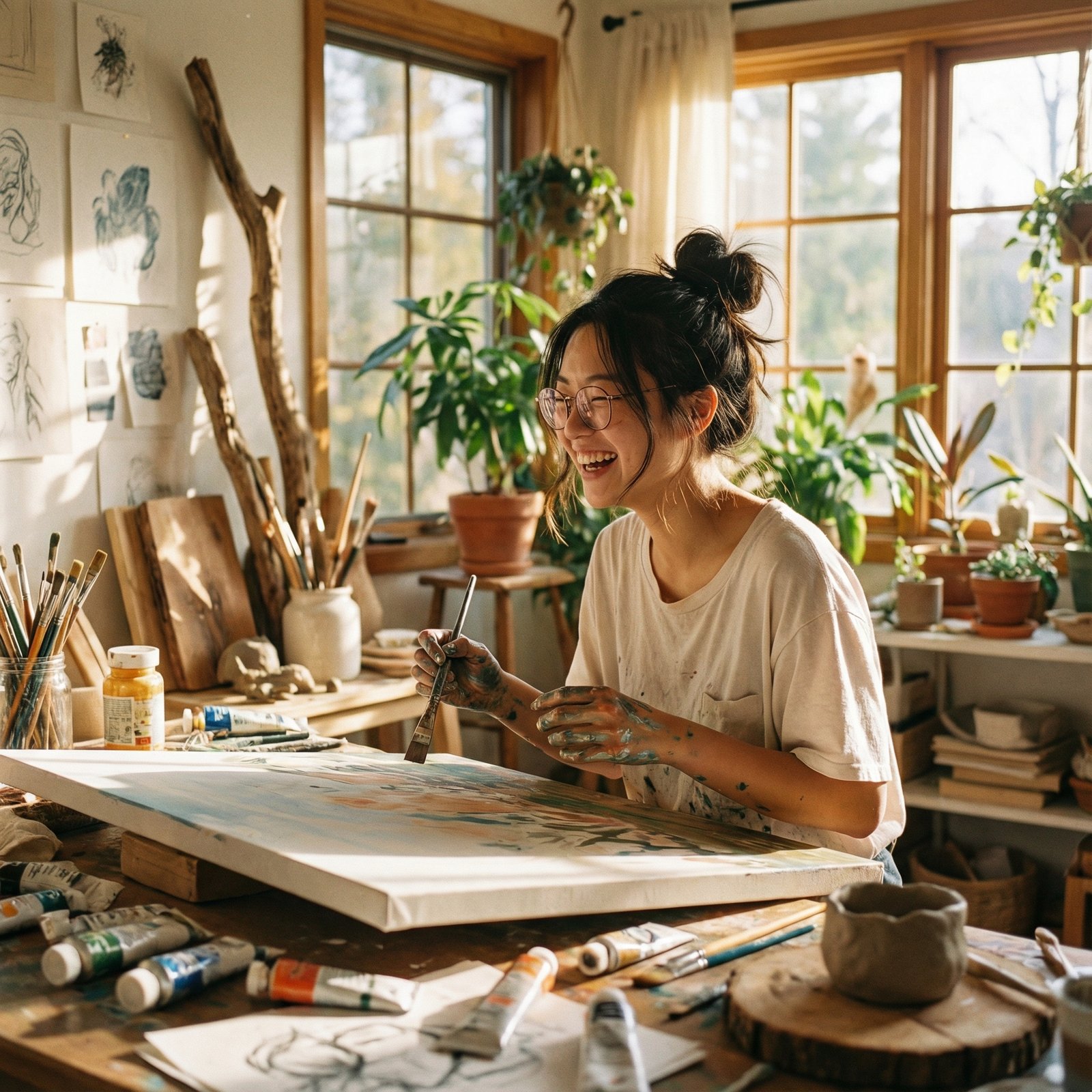 A young Korean professional (male or female) deeply engrossed and smiling while working on a project that clearly brings them joy, surrounded by creative tools or a focused workspace. Lifestyle photography, warm lighting, natural setting. No visible text. Aspect ratio 1:1.