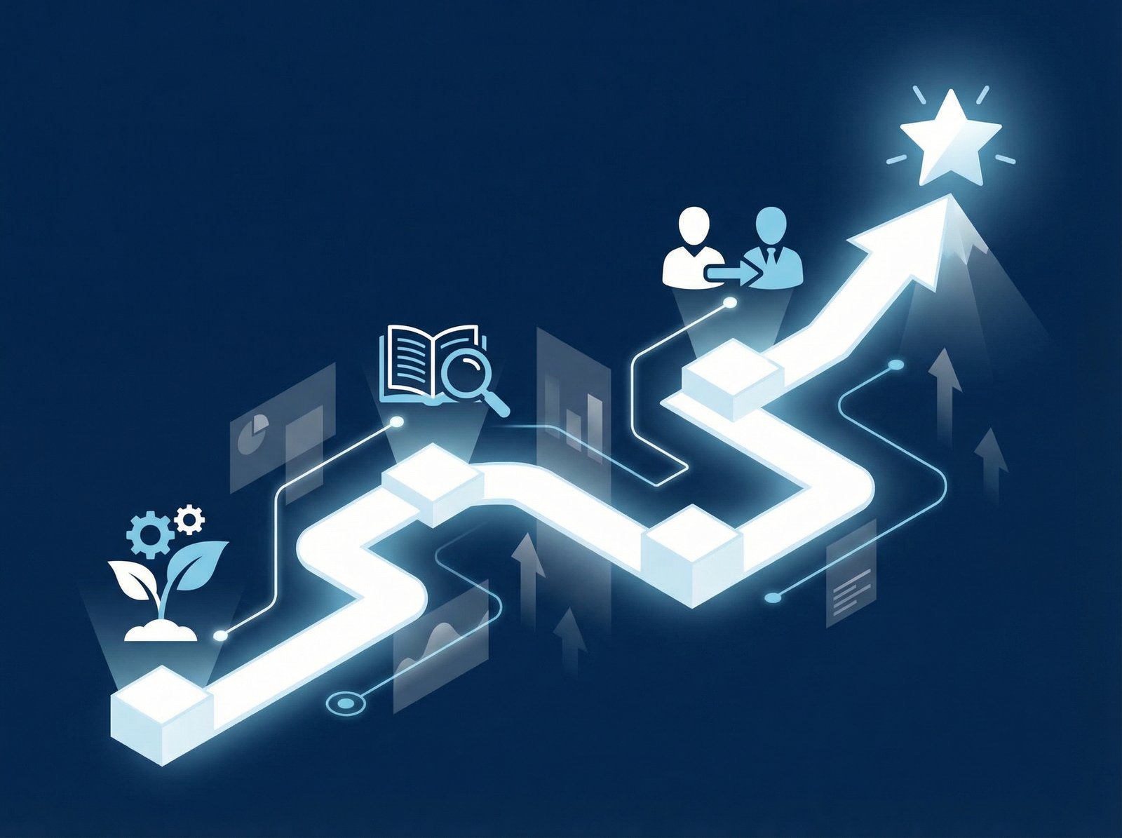 A conceptual image showing a clear path leading to career success, with elements like growth, learning, and mentorship. Informational style, clean infographic, modern layout, high contrast. No visible text. Aspect ratio 4:3.