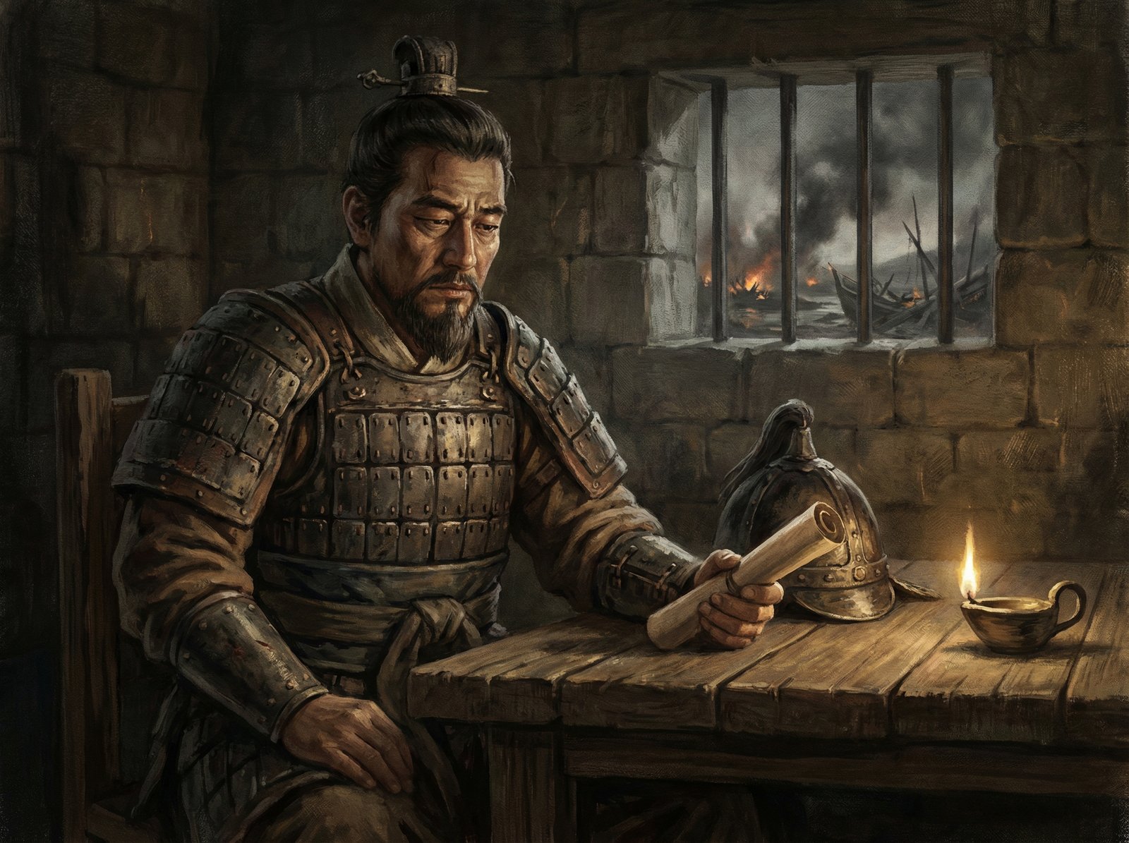 An artistic rendering of Admiral Yi Sun-sin, in traditional Korean armor, contemplating in a dimly lit chamber, holding a scroll, with a look of deep sorrow and conflict. The background shows subtle hints of a war-torn landscape through a window. History style, muted colors, textured background. Aspect ratio 4:3, no visible text.