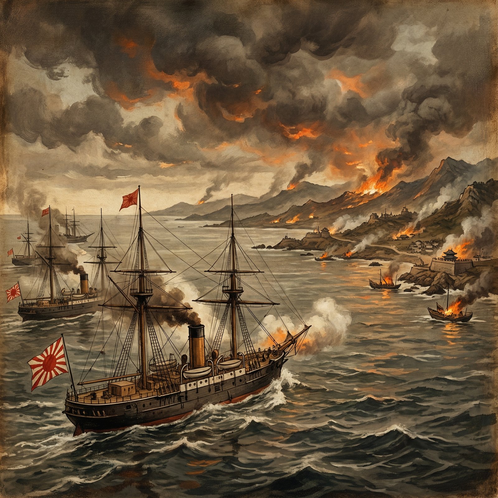 An illustration depicting a large fleet of Japanese warships with red sun flags advancing towards a burning Korean coastline. The sky is dark and smoky, reflecting the chaos and destruction. History style, dramatic lighting, detailed composition. Aspect ratio 1:1, no visible text.