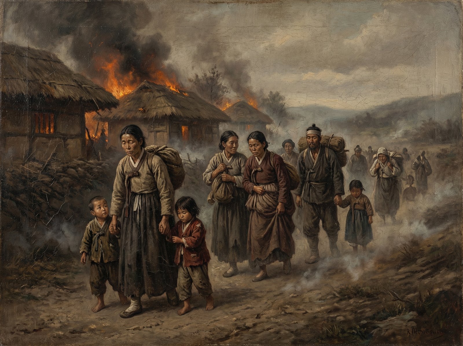 A painting showing Korean common people, dressed in traditional attire, looking distraught and weary, evacuating their burning village. Children are clinging to their parents, and smoke fills the background. History style, somber tones, textured background. Aspect ratio 4:3, no visible text.