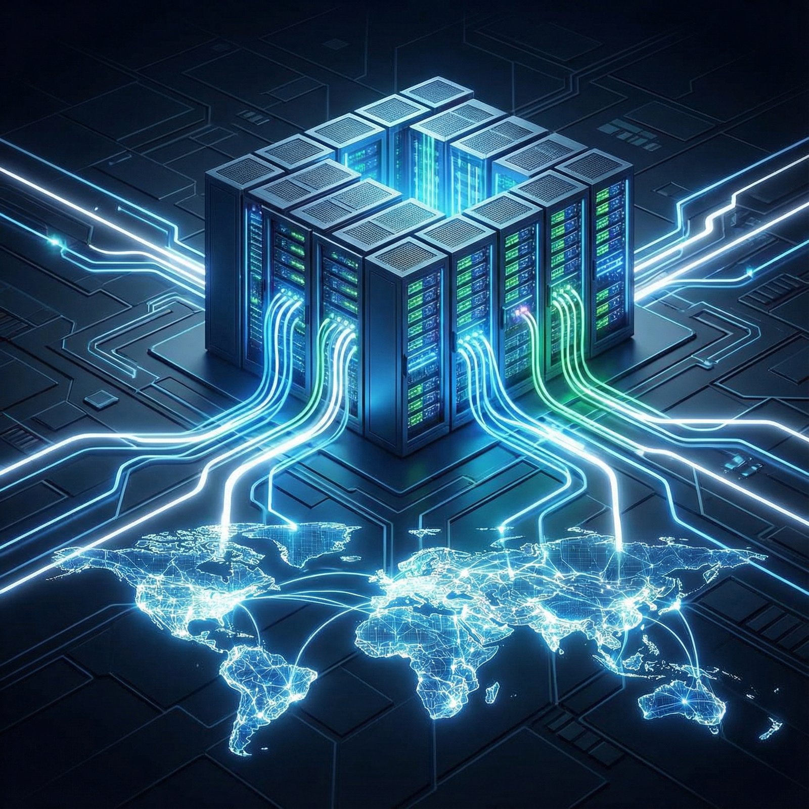 A vast, futuristic data center with glowing servers, energy flowing out to a stylized global electricity grid, depicting high power consumption, informational style, clean infographic, modern layout, high contrast, 1:1 aspect ratio, no visible text, no Korean text.