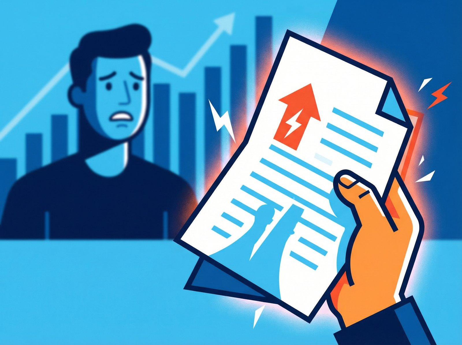 A hand holding a dramatically high electricity bill, a person looking concerned in the background, showing the impact of rising costs, informational style, clean infographic, modern layout, high contrast, 4:3 aspect ratio, no visible text, no Korean text.