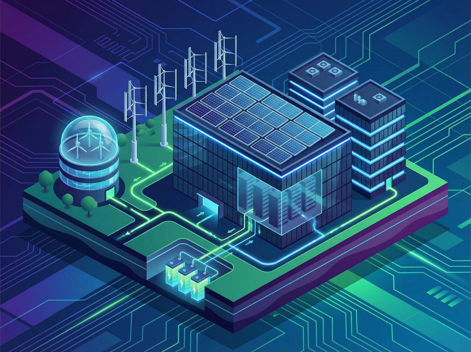A modern data center complex with integrated, smaller power generation units (e.g., solar panels, small turbines) on-site or adjacent, symbolizing self-sufficient power solutions, informational style, clean infographic, modern layout, high contrast, 4:3 aspect ratio, no visible text, no Korean text.