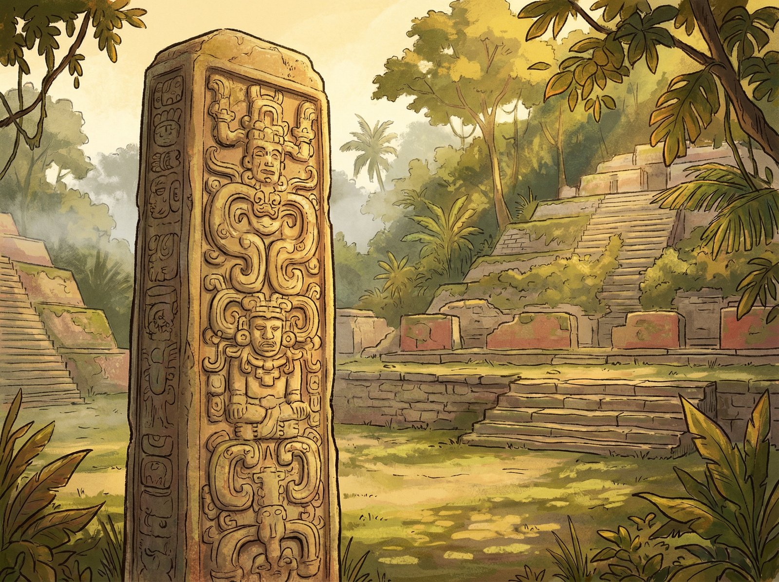 Iconic stela at Quirigua archaeological park, showing intricate Mayan carvings, ancient ruins in background, warm sunlight, illustration style, 4:3 aspect ratio, no visible text