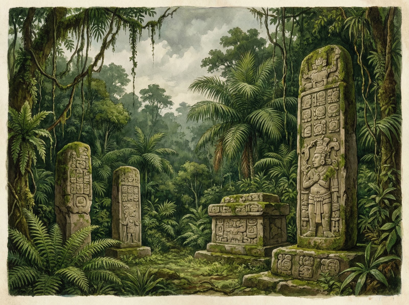Lush jungle surrounding ancient Mayan ruins at Quirigua archaeological park in Guatemala, vibrant green foliage, historical cultural art style, 4:3 aspect ratio, no visible text