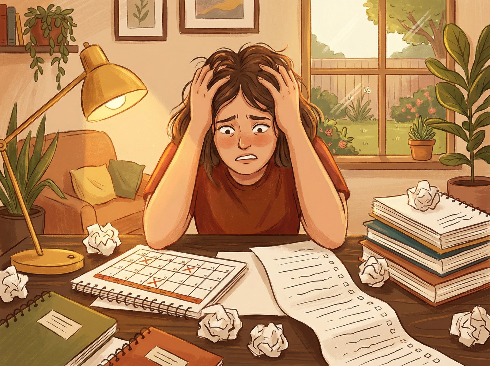 A frustrated person looking at a calendar or a to-do list with a worried expression, surrounded by crumpled papers, representing failed new year's resolutions. Modern illustration style, warm lighting, natural setting, no visible text, aspect ratio 4:3.