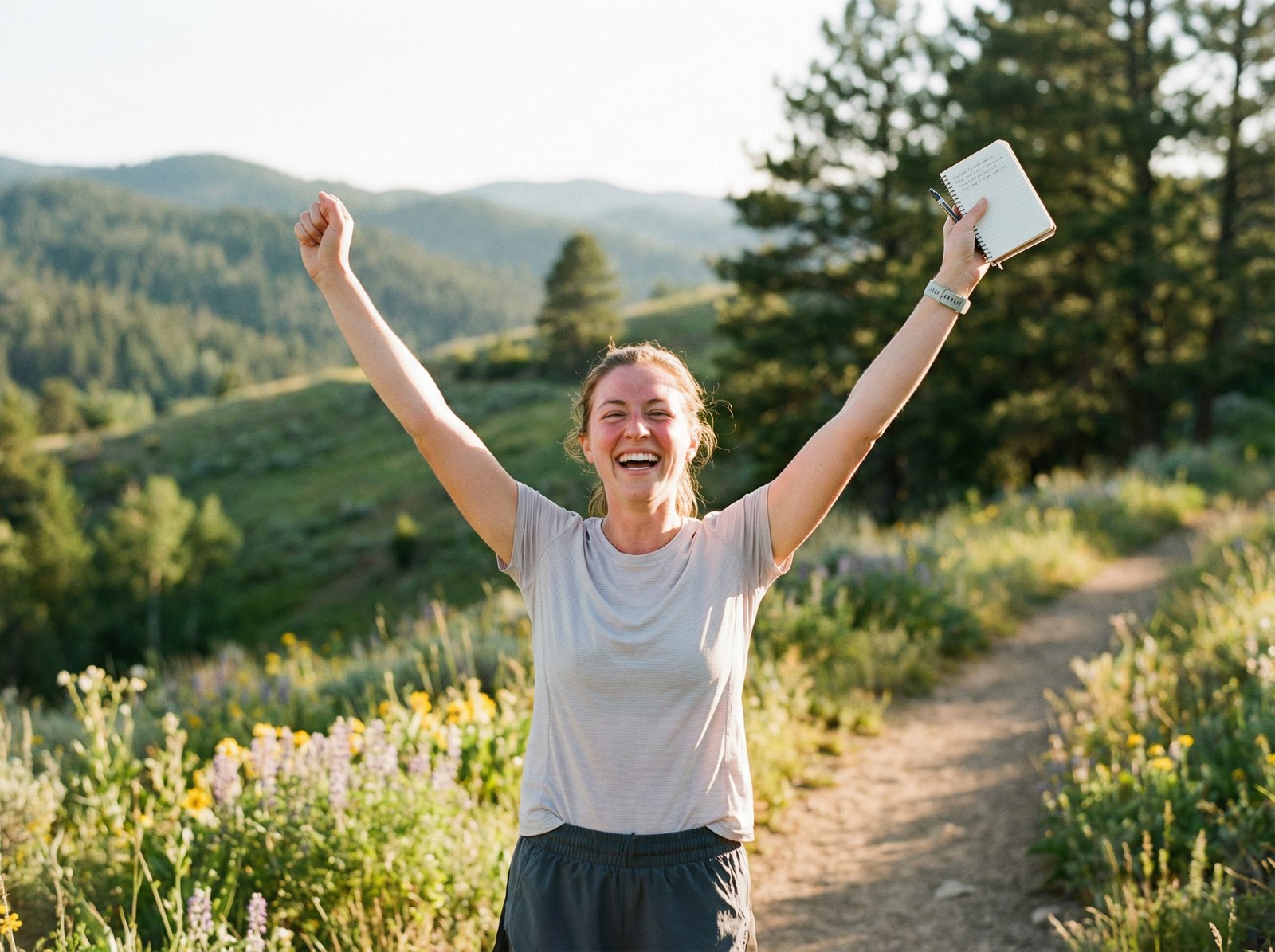 A person looking happy and energized after completing a small task, like finishing a short jog or writing a few lines in a notebook. The background is a bright, natural outdoor setting. Lifestyle photography, warm lighting, natural expression, no visible text, aspect ratio 4:3.