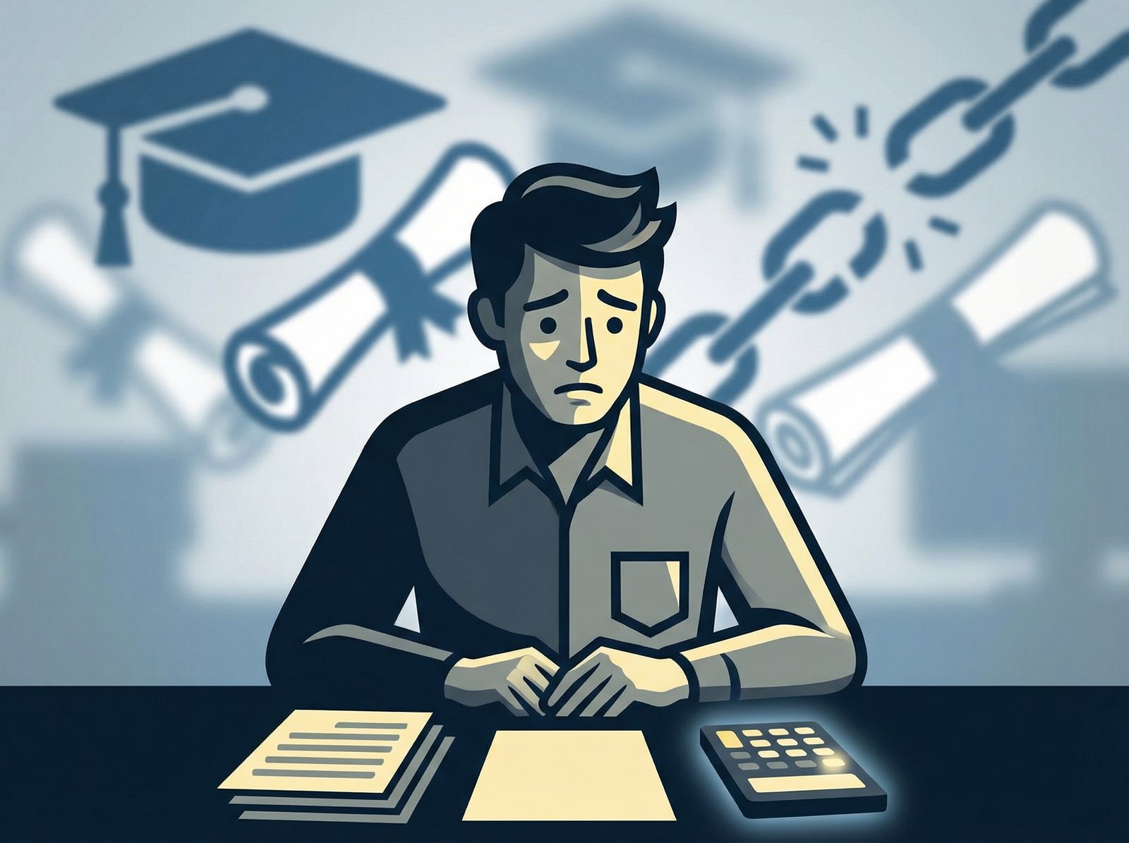 A person looking worriedly at tax documents and a calculator, with blurred student loan documents or symbols in the background. Informational style, high contrast, clean infographic. Aspect ratio 4:3, no visible text.