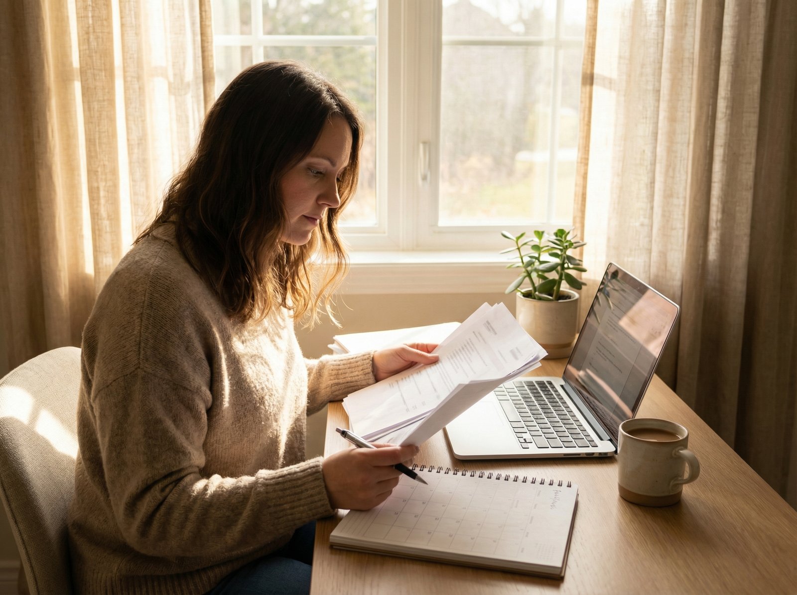 A person sitting at a desk, reviewing financial documents and a calendar. The desk is organized with a laptop and a cup of coffee, indicating financial planning. Lifestyle photography, warm lighting, natural setting. Aspect ratio 4:3, no visible text.