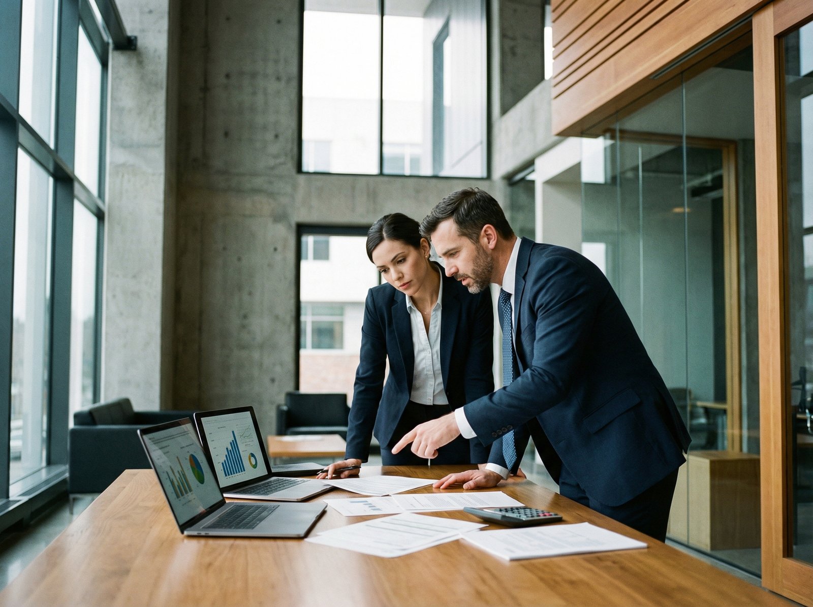 Two people, one a financial advisor and the other a client, discussing documents at a table. They are looking at papers and a laptop, with a calculator nearby. Professional, modern layout, high contrast. Aspect ratio 4:3, no visible text.